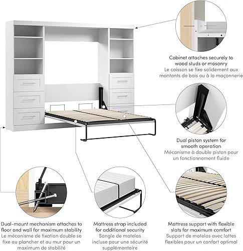 Vista 4 de Bestar Pur Cama Murphy Completa y 2 Unidades de Estantería con Cajones, Arreglo para Dormir de 109 pulgadas que Ahorra Espacio en Blanco