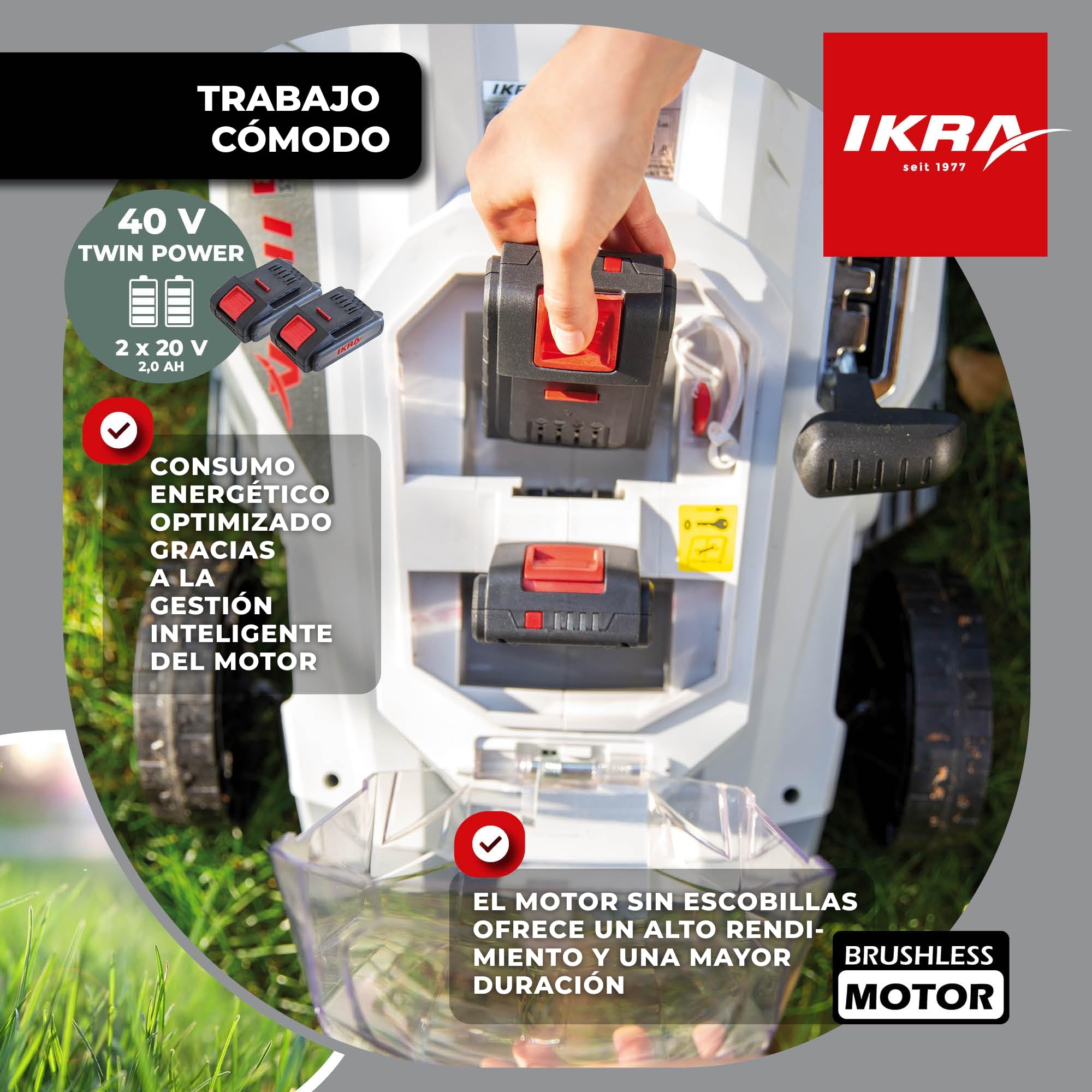 IKRA cortacésped ICM 2/2037, Ancho 37 cm, 2 baterías de 20 V y Cargador | Altura de corte 25-75 mm, cortacésped con mulching para céspedes de 250 m², bolsa 40 l, gama de baterías de 20 V de IKRA