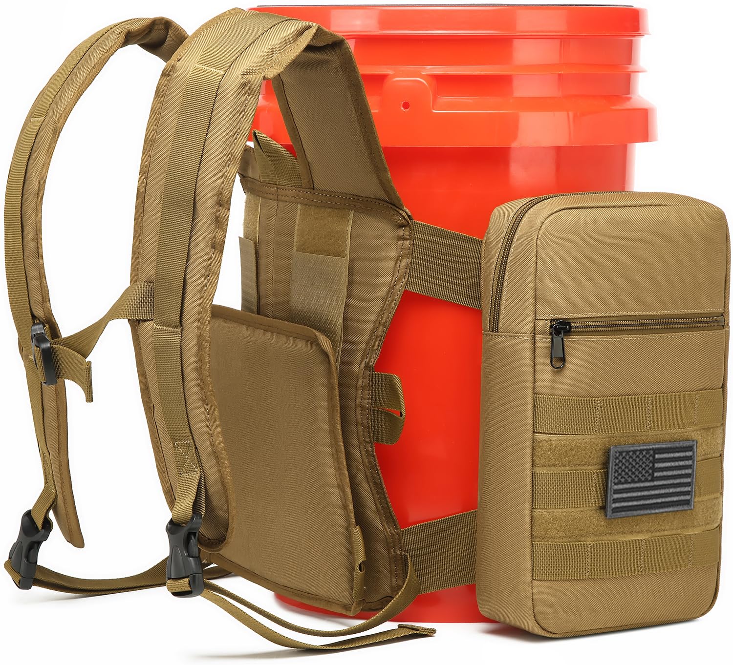 Backpack for 5 Gallon Buckets - Universal Bucket Organizer with Pocket for Hunting, Fishing, Apple Picking, Brown, Large