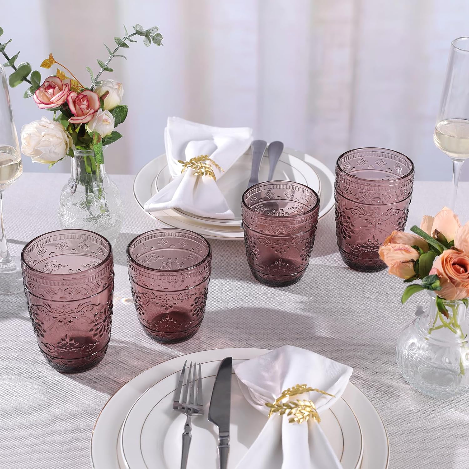 Purple Glassware set of 4, 10OZ Drinking Glasses, Purple Heavy Duty Glass Cups, Colored Glassware Set, Embossed Glasses Set for Party Wedding Home Office Gift - Image 3