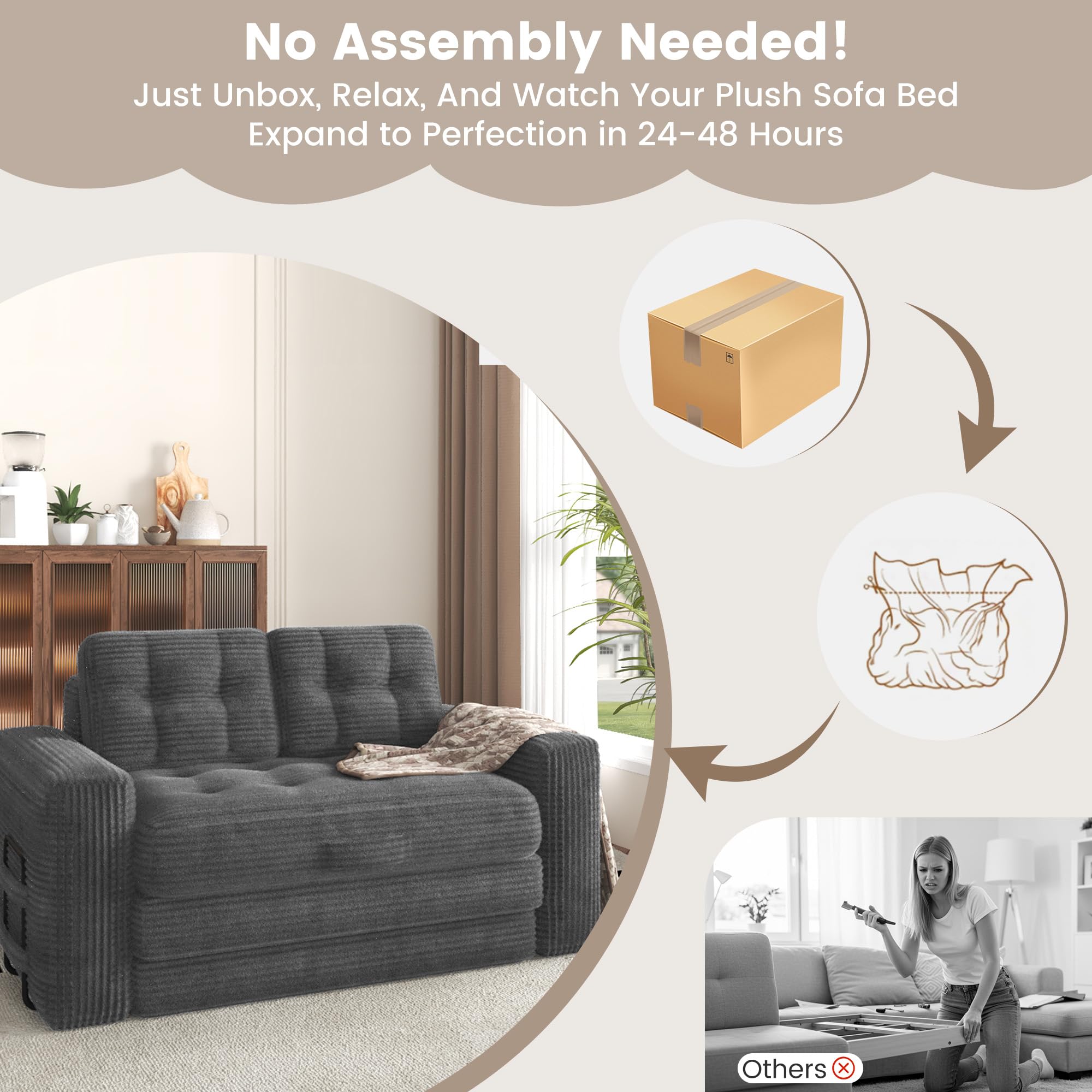 EROMMY 56" Boneless Couch Bed, Convertible Sofa Bed with Corduroy Fabric, Small Loveseat Sleeper Sofa for Small Spaces, Pull Out Futon Couch with 2 Pillows, No Assembly, Grey