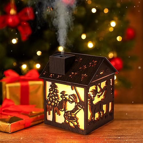 Humidificador de madera de Navidad para casa, 8.1 fl oz, mini humidificador de niebla fría con diseño LED de Papá Noel, 7 luces de color, alimentado