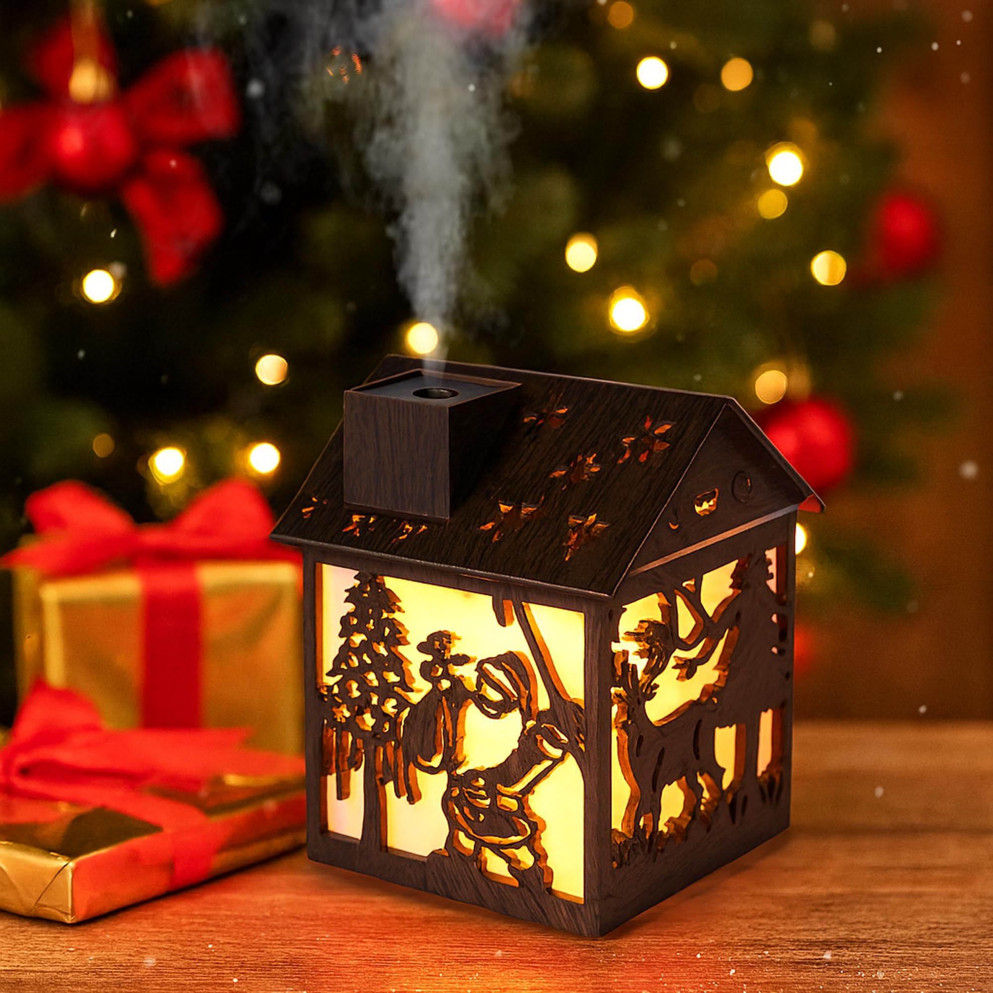 Christmas Wooden House Humidifier - 240ml Cool Mist Mini Humidifier with Santa Claus LED Design, 7-Color Lights, USB Powered, Auto Shut-Off, Holiday Decor Gift for Bedroom, Home, Office (Dark Wood)-image-38