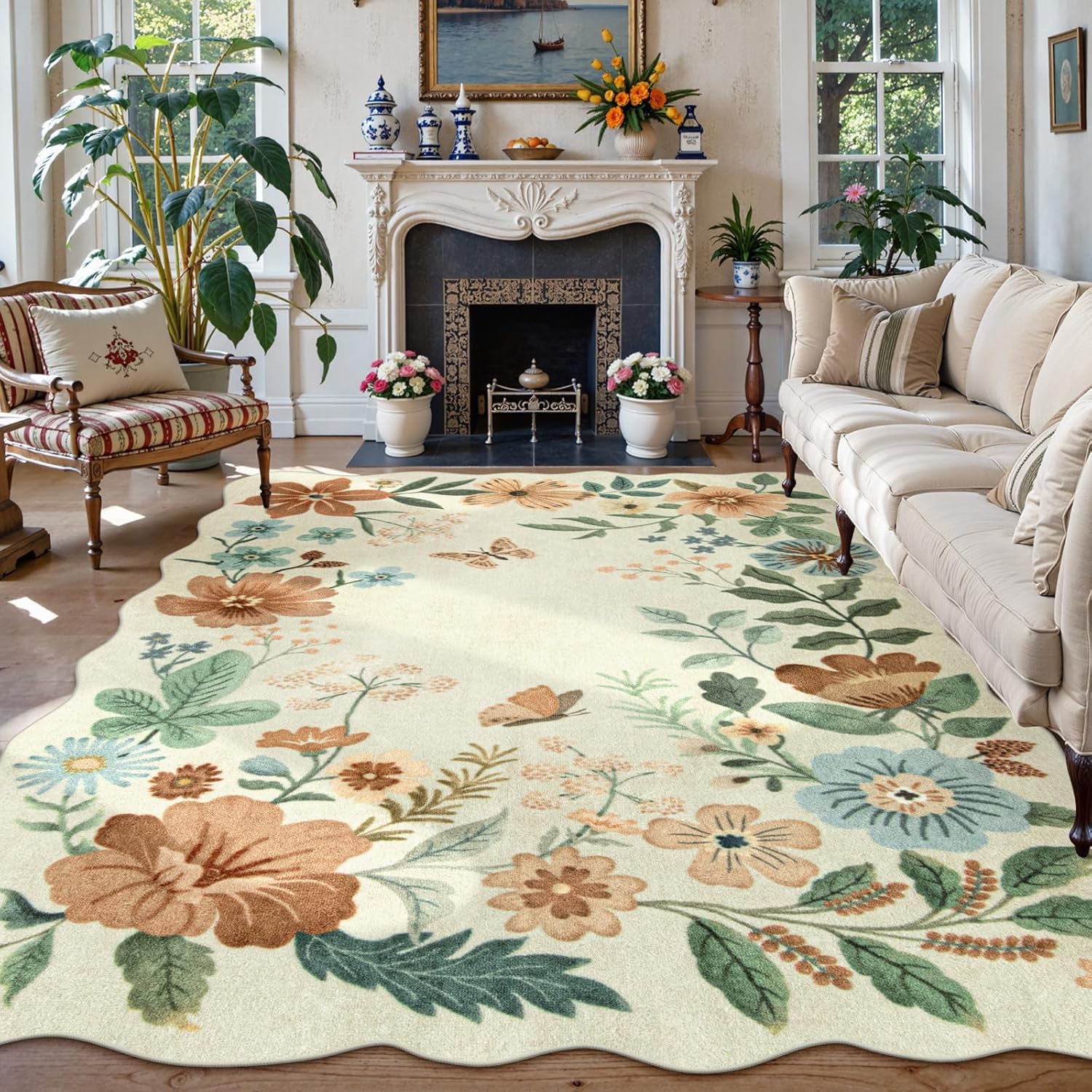 Lahome Floral 9x12 Area Rugs for Living Room Bedroom, Soft Washable Rugs 9x12 Stain Resistant, Ultra-Thin Non-Slip Boho Dining Room Rug Non-Shedding Accent Carpet for Office(9x12ft,Beige) Beige 9' x 12' (Rectangular)