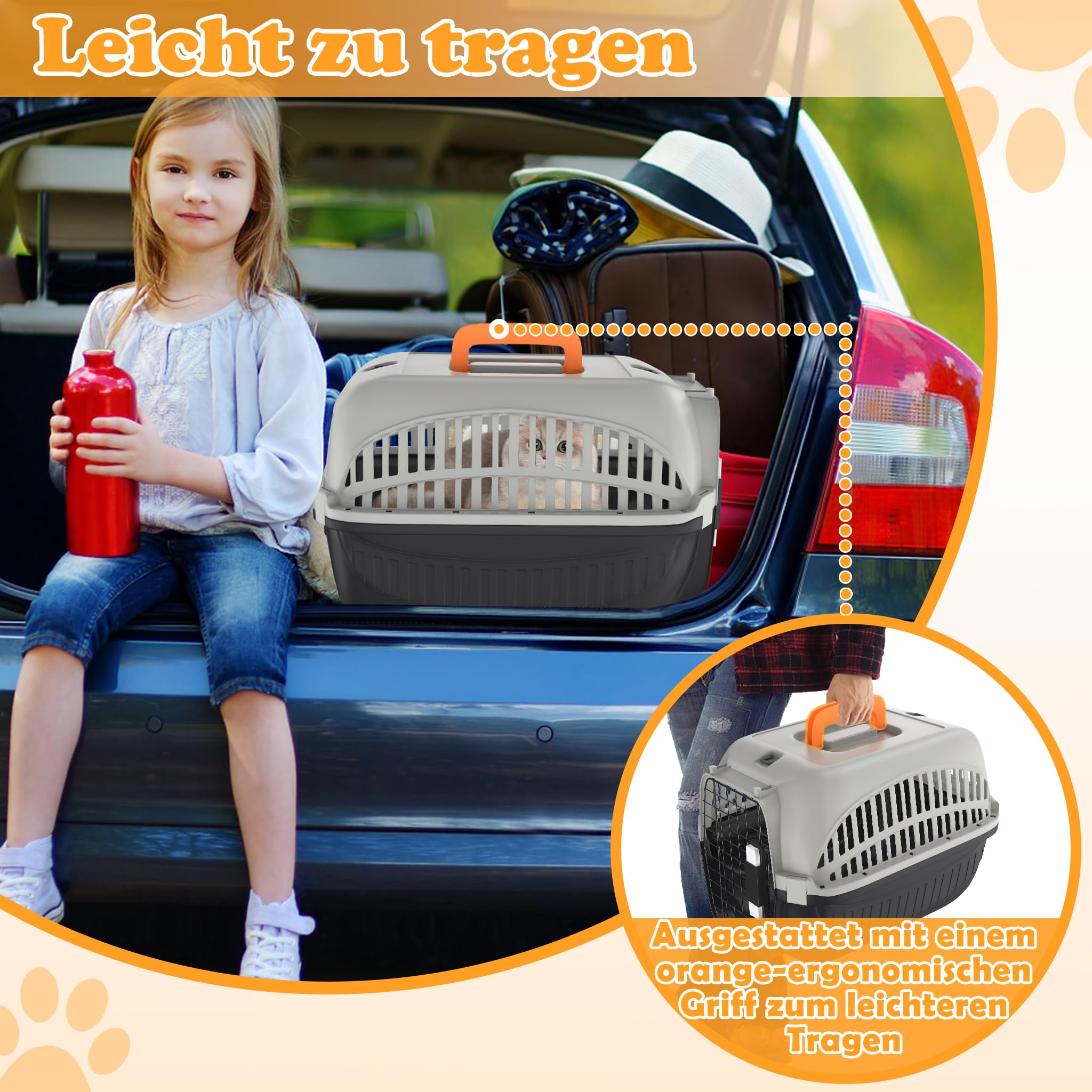 LZQ Hundetransportbox Auto aus PP-Kunststoff, Katzentransportbox bis 10 kg, Transportbox für Kaninchen Hunde und Katzen, mit Metalltür Vorne für Einfachen Zugang, Transportbox Katze(Schwarz + Grau)