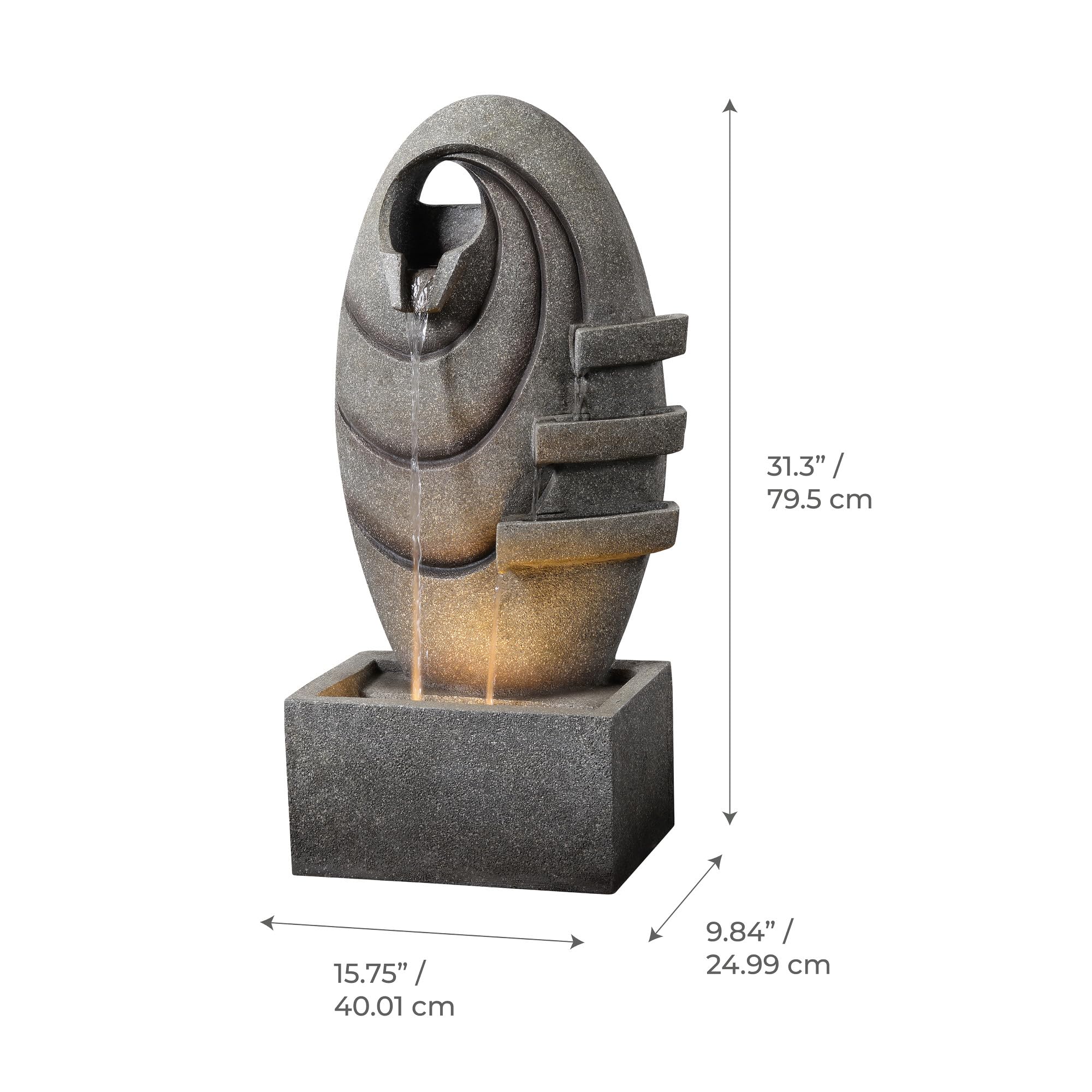Teamson Home Garten Outdoor Brunnen Moderner Ovaler Brunnen mit warmen LED-Lichtern, Einstellbarer Fluss, Robustes dunkelgraues Steinoptik-Finish