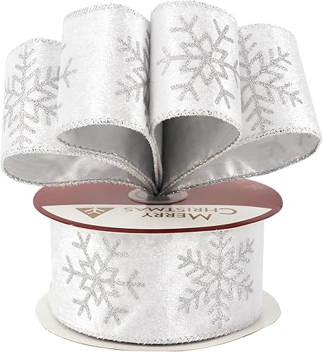 Miniatura 7 de AIMUDI Cinta blanca de terciopelo de Navidad con alambre de 2.5 pulgadas, cinta con alambre de copo de nieve con purpurina plateada para coronas,