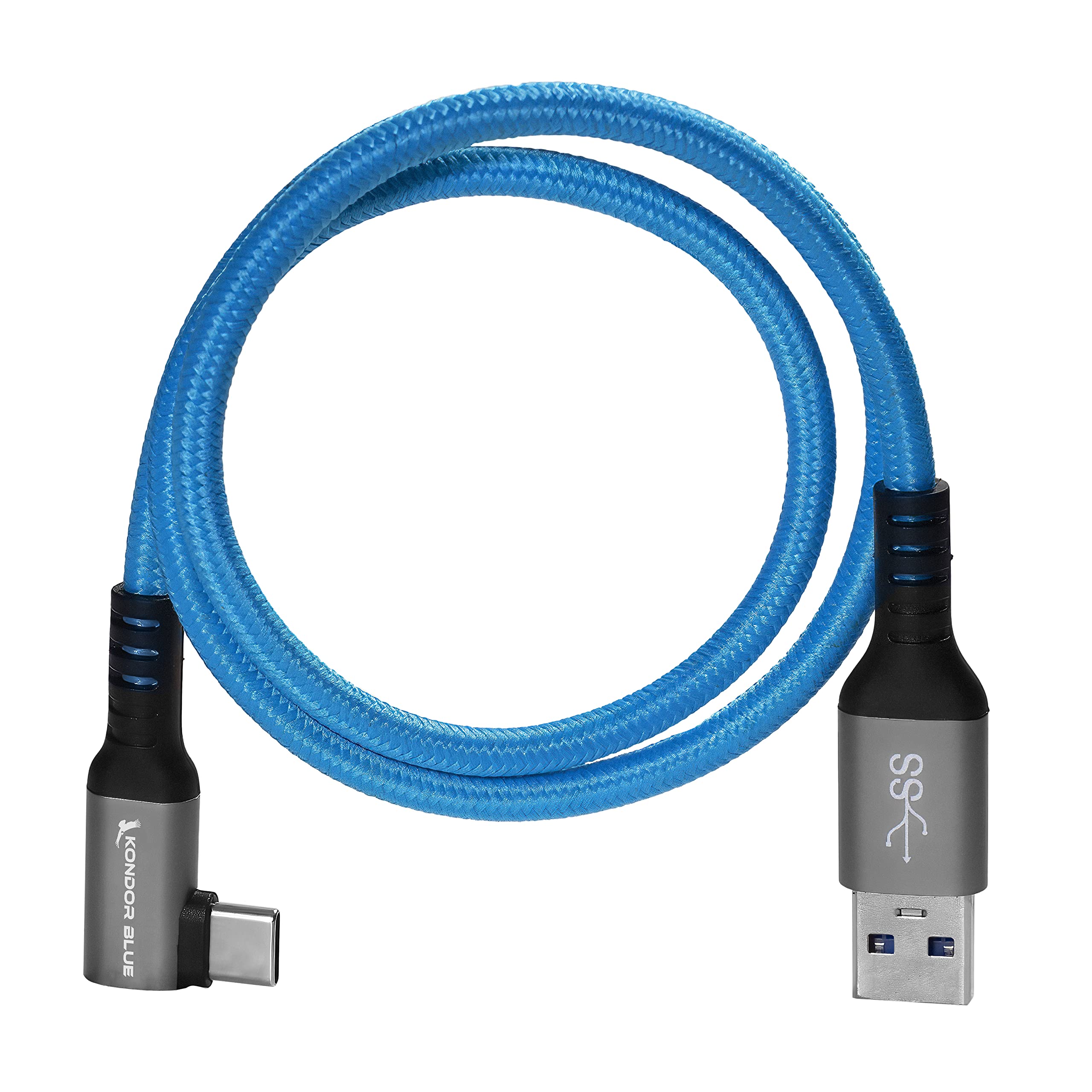 KONDOR BLUE | USB-A to USB-C 3.0 Right Angle High Speed Data and Charging Cable 3A 60W 5G | 2FT Ultra-Durable, & Nylon Braided with Reinforced Metal Connectors | Blue