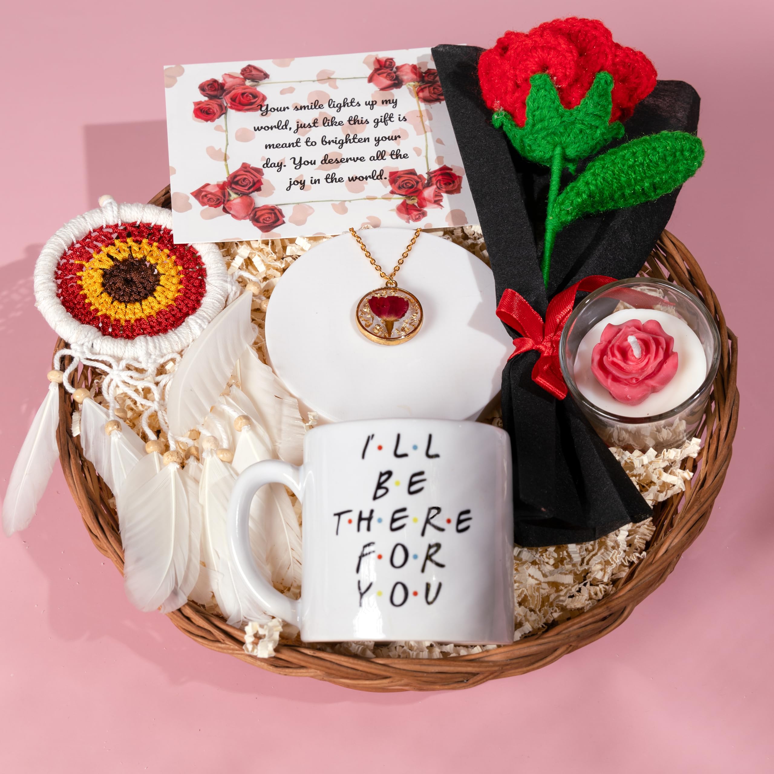 Rarejoy Combo Gift Set for Women, Valentine Gifts, Birthday Gift for Wife, Handmade Dreamcatcher, Scented Candle, Ceramic Mug, Greeting Card, Rose Flower Necklace Pendant, 1 Litres