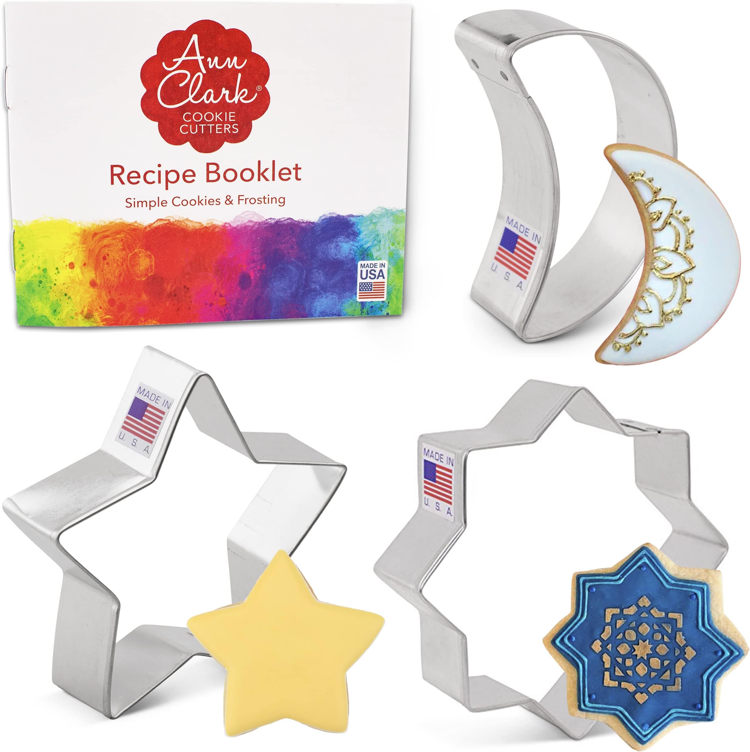 Ann Clark Cookie CuttersEid Mubarak Islamic Ramadan Cutter Set, 3 Piece Islamic Star, Star & Moon Made in US by