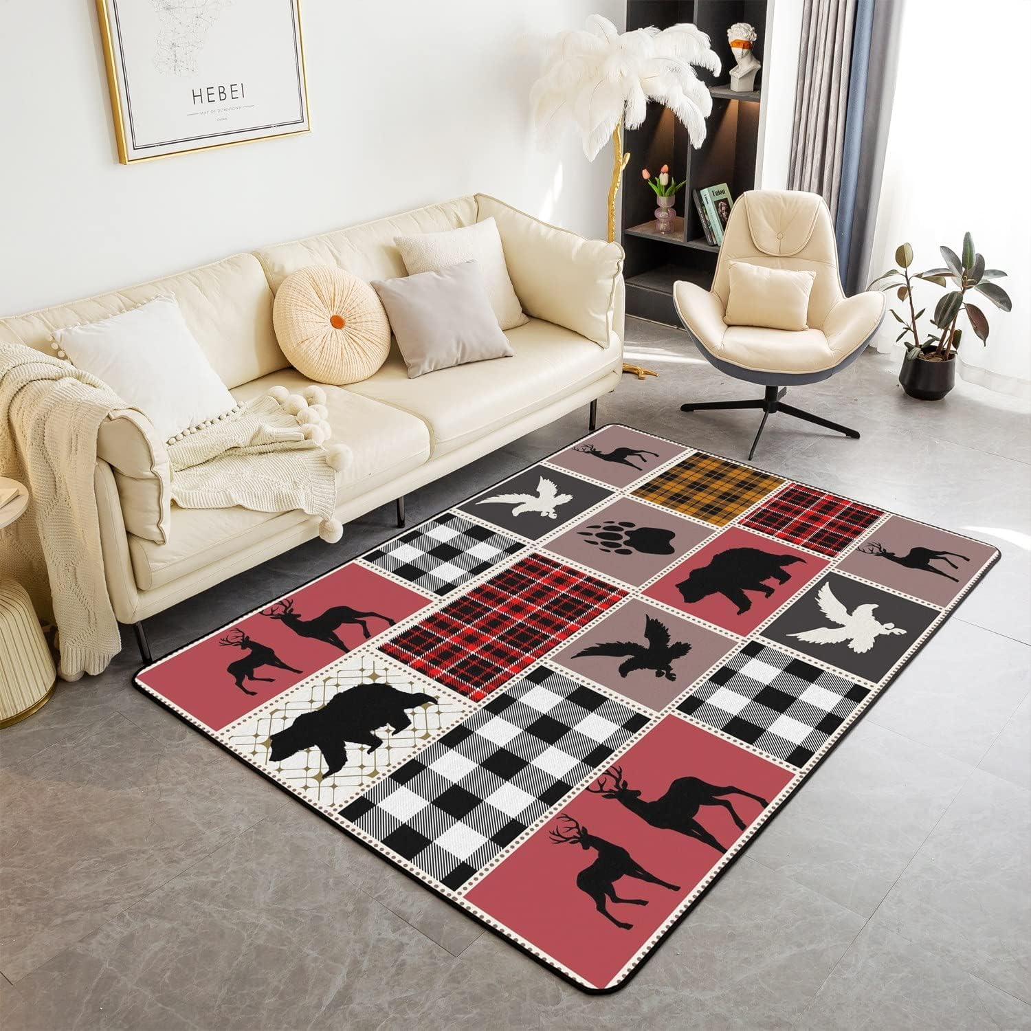 Tapis de salon ours et wapiti 3D 120x160 cm antidérapant