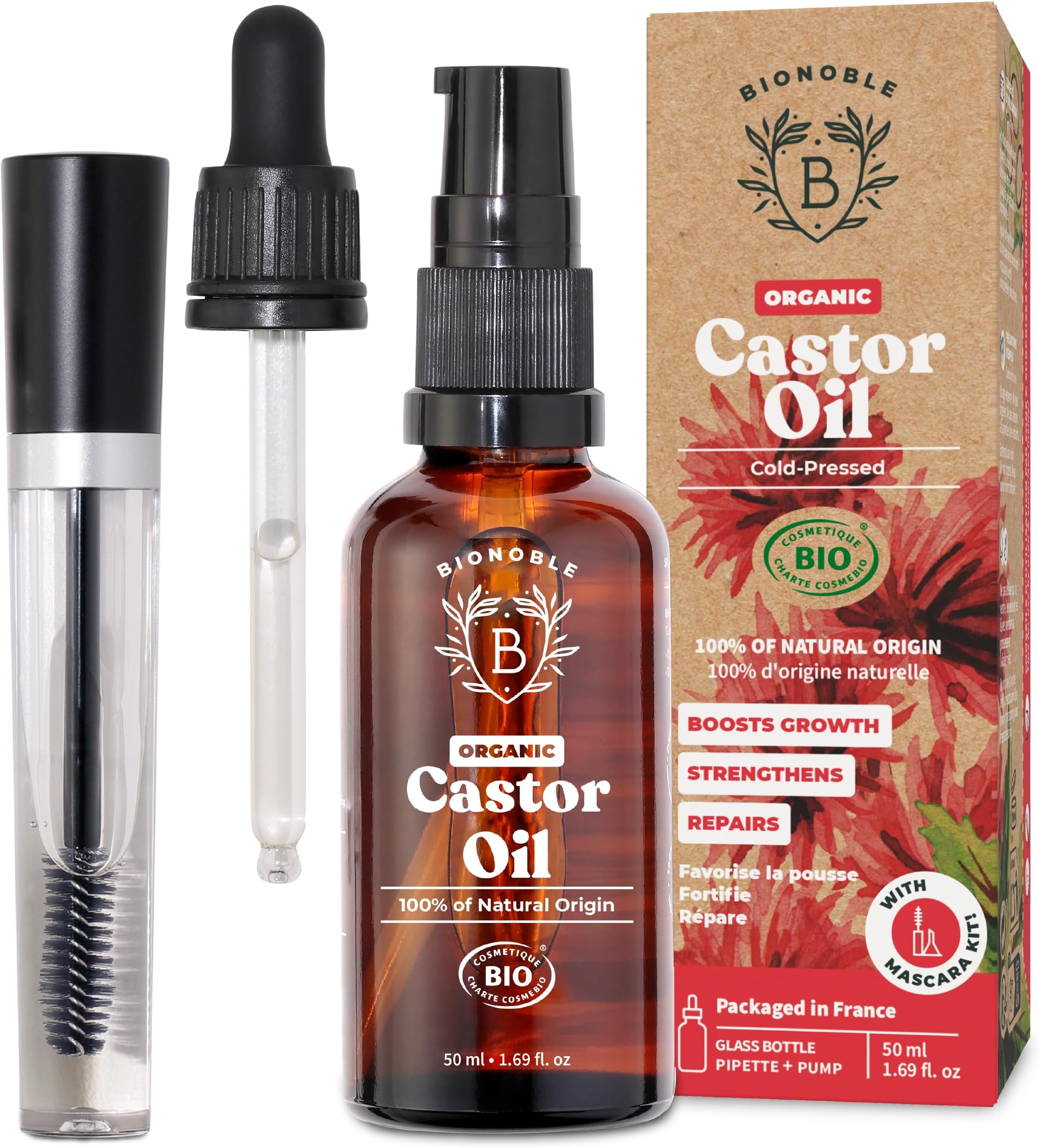 BIONOBLE Organic Castor Oil Cold Pressed + Mascara Kit - Hexane Free, 100% Natural - Pure Castor Oil Organic for Eyelashes, Hair Growth, Eyebrows, Skin, Face - Glass Bottle, Pipette and Pump - 50ml