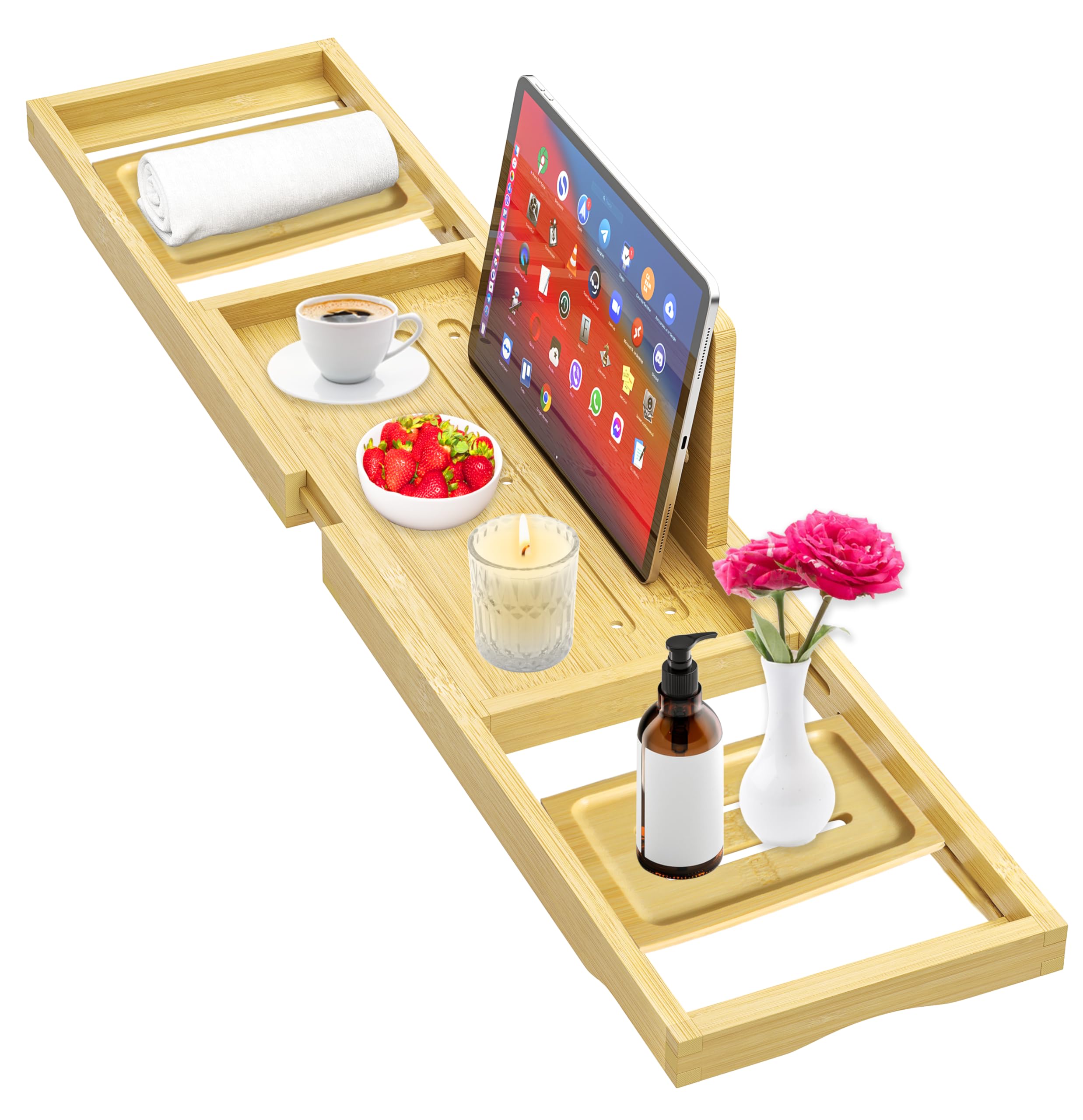 Premium Bathtub Tray - Expandable Bamboo Wooden Bath Trays for Bathub - Bath Tub Table Tray for Bathtub/Tub,Adjustable Size, Fits Most Tubs