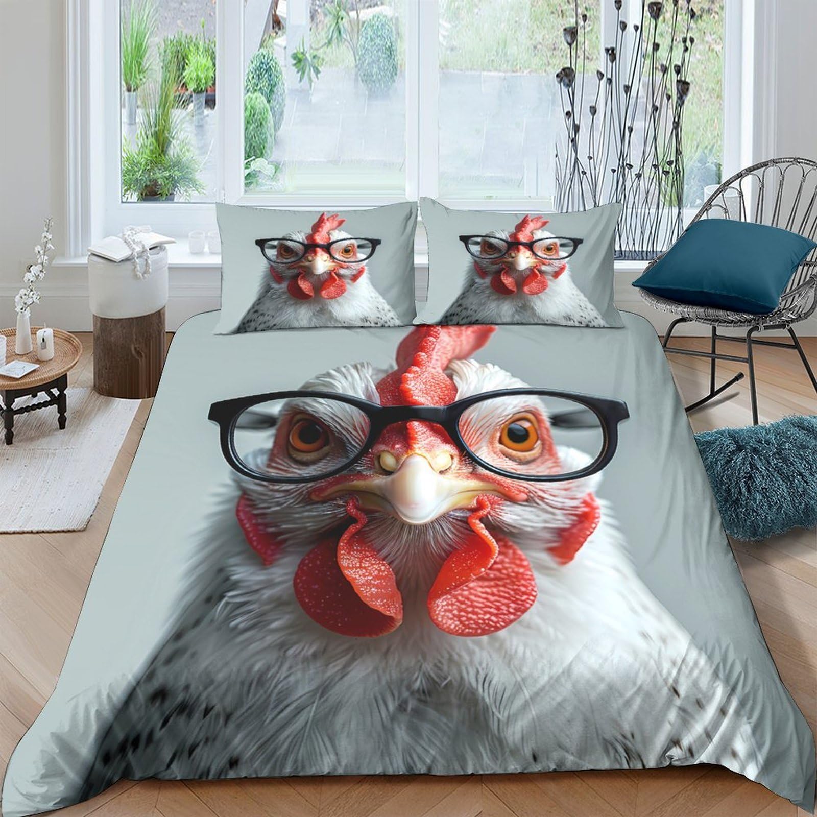 GPLZQXKJNH 3D Printed Funny Chicken Glasses Duvet Cover Microfiber Soft Breathable Rooster Bedding Set with 2 Pillowcases for Bedroom Decor Single（135x200cm）