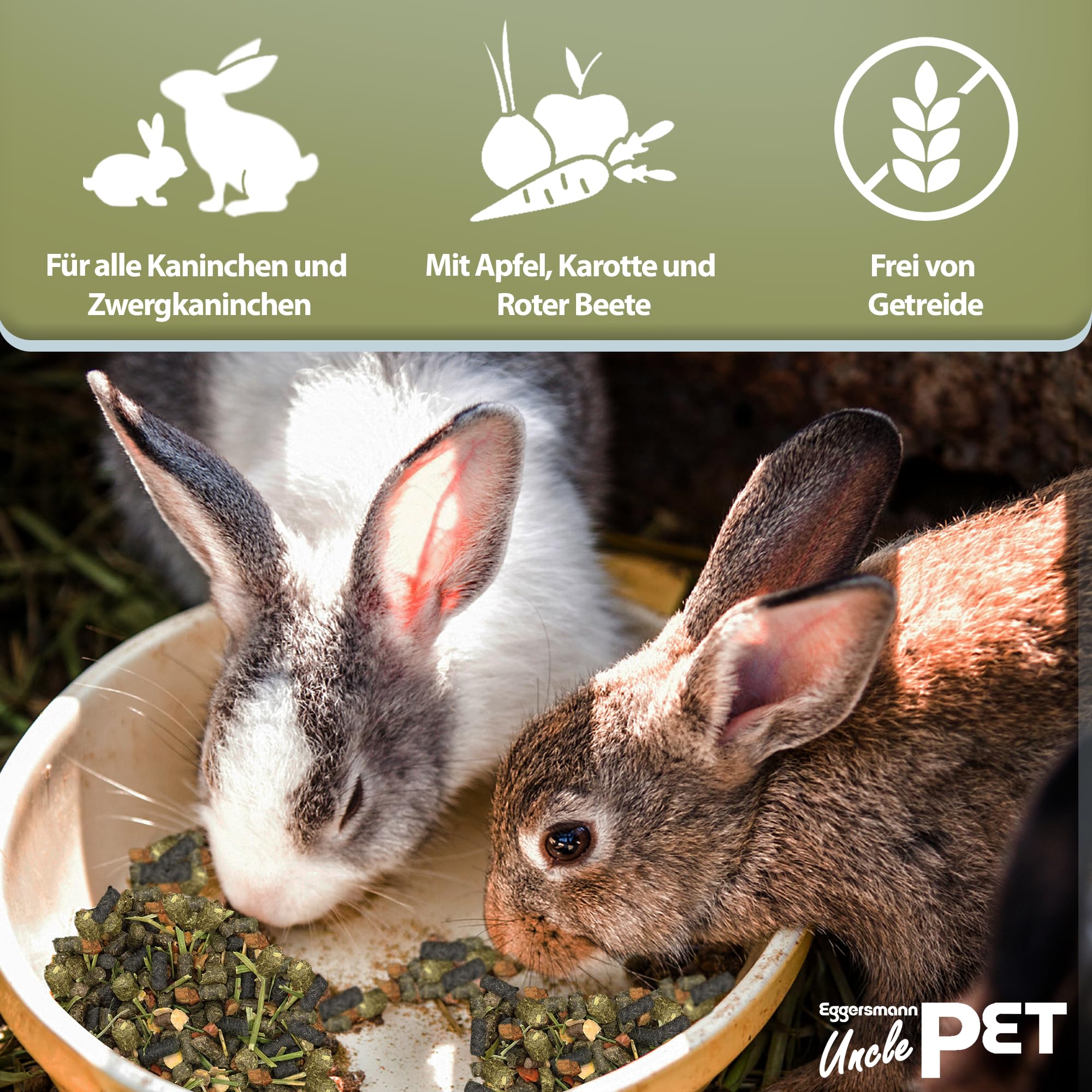 Eggersmann Uncle Pet Premium Kaninchen Müsli getreidefrei 15 kg – Kaninchenfutter mit Gemüse, Gräsern & Luzerne – Unterstützt die Verdauung & den Zahnabrieb – Getreidefreies Futter für Zwergkaninchen