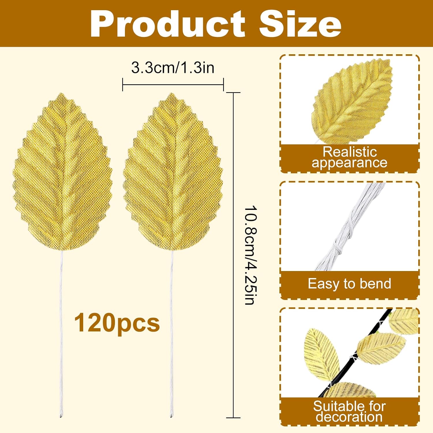 Gold Artificial Leaves with Stems - 120 PCS Realistic Silk/Fabric Leaves, Golden Fabric Floral Fake Wire Crafts Leaves, DIY Corsage Single Leaf for Wedding Party Home Decor Flower Bouquet