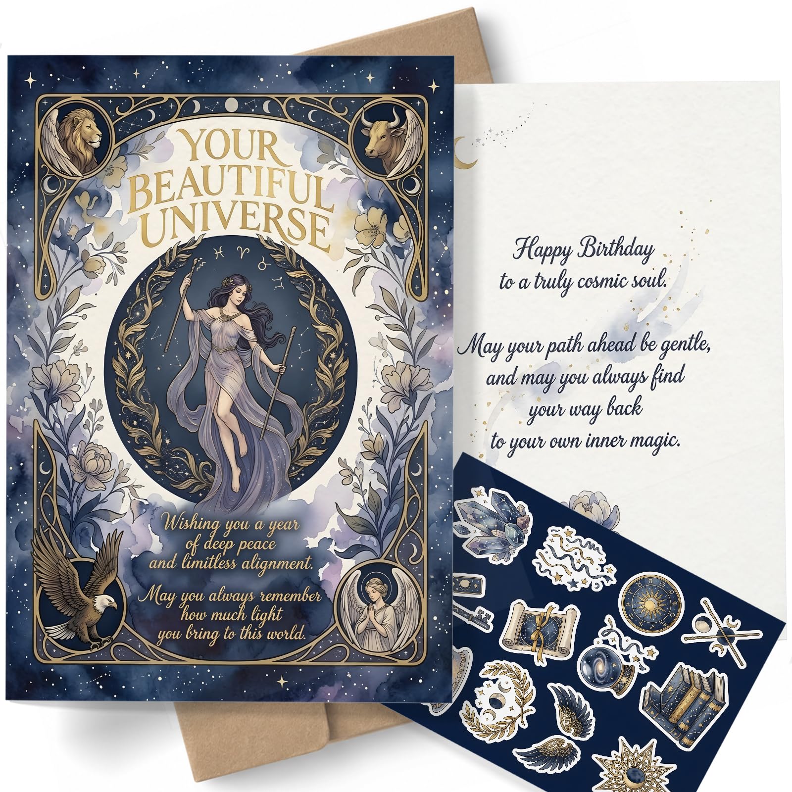 AIROW Celestial Goddess Birthday Card for Best Friend - Mystical Spiritual Art Card, Supportive Healing Greeting, Standard A5 Size, Double-Sided Print, Includes Envelope and Matching Sticker Sheet