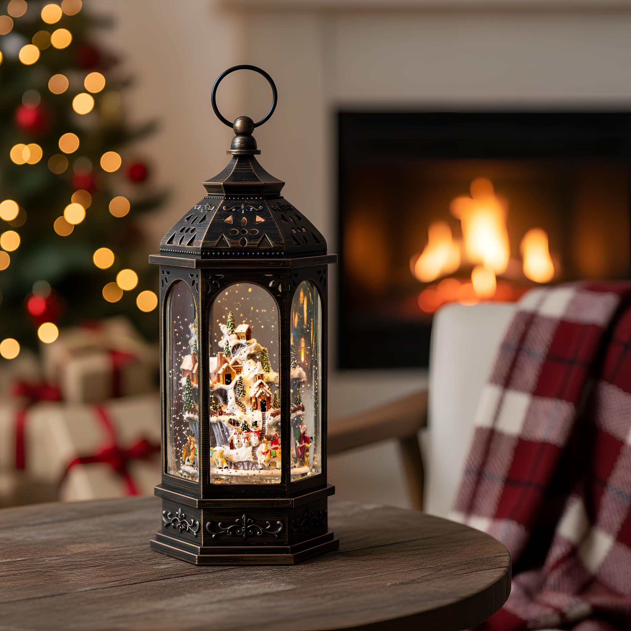 Edificios animados de pueblo de Navidad con figuras en movimiento, linterna de agua iluminada, forro USB/funciona con pilas, globo de nieve para decoración de festivales de Navidad, regalos