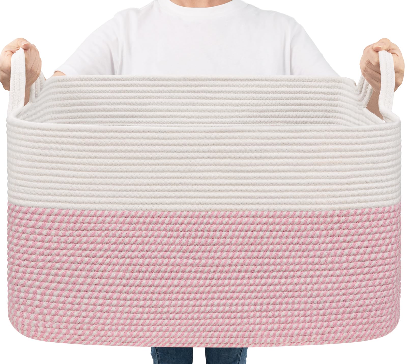 Goodpick Large Woven Rope Blanket Basket, Rectangle, White &amp; Pink | 21.6'' x 14.9'' x 11.8'' Storage Basket for Baby Toys &amp; Kids Essentials, Nursery &amp; Bedroom Organization, Reinforced Handles