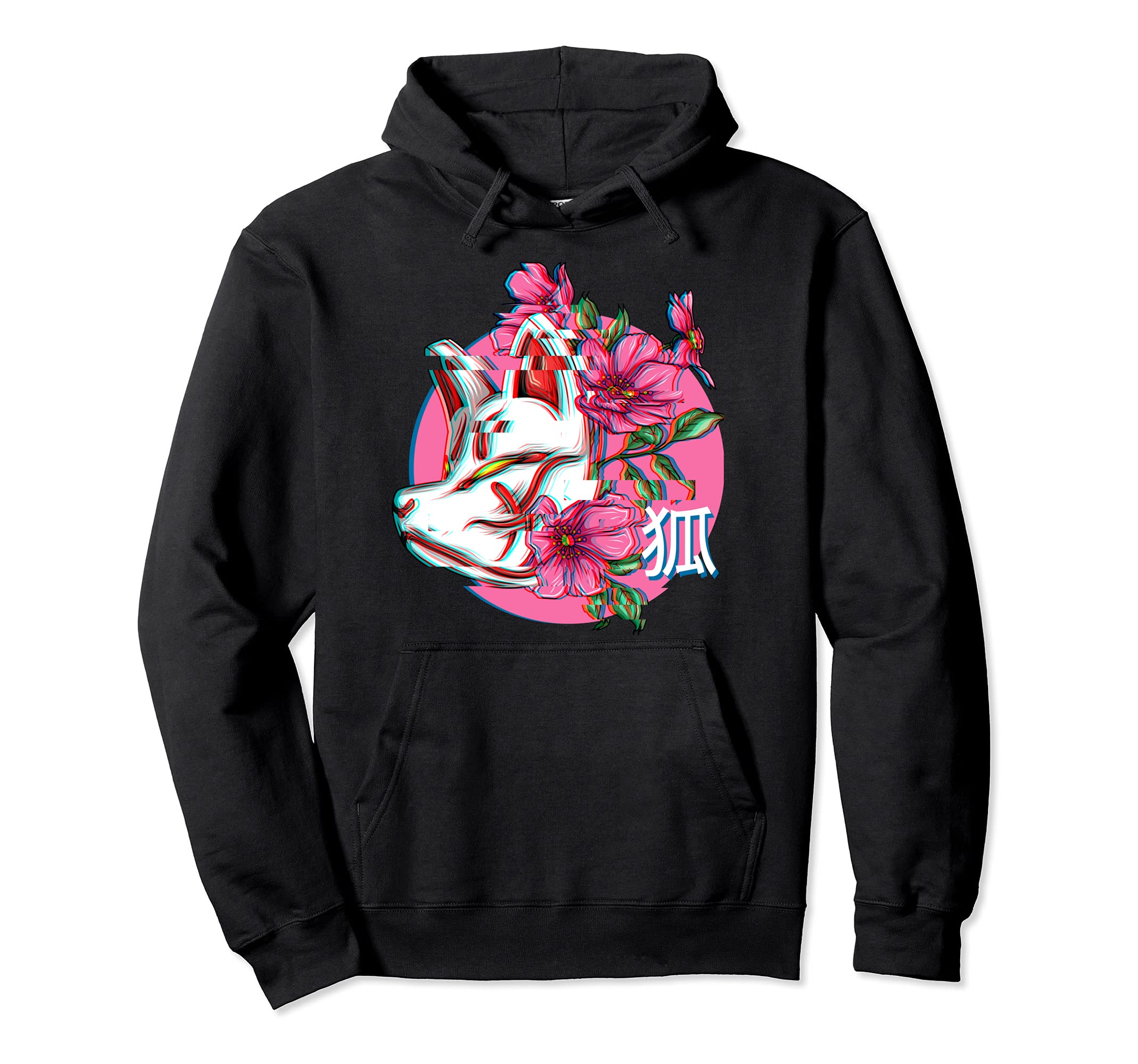 Glitch Kitsune Aesthetic Kirschblüte GeschenkJapan Anime Mask Kitsune Soraka Flowers Vaporwave Pullover Hoodie