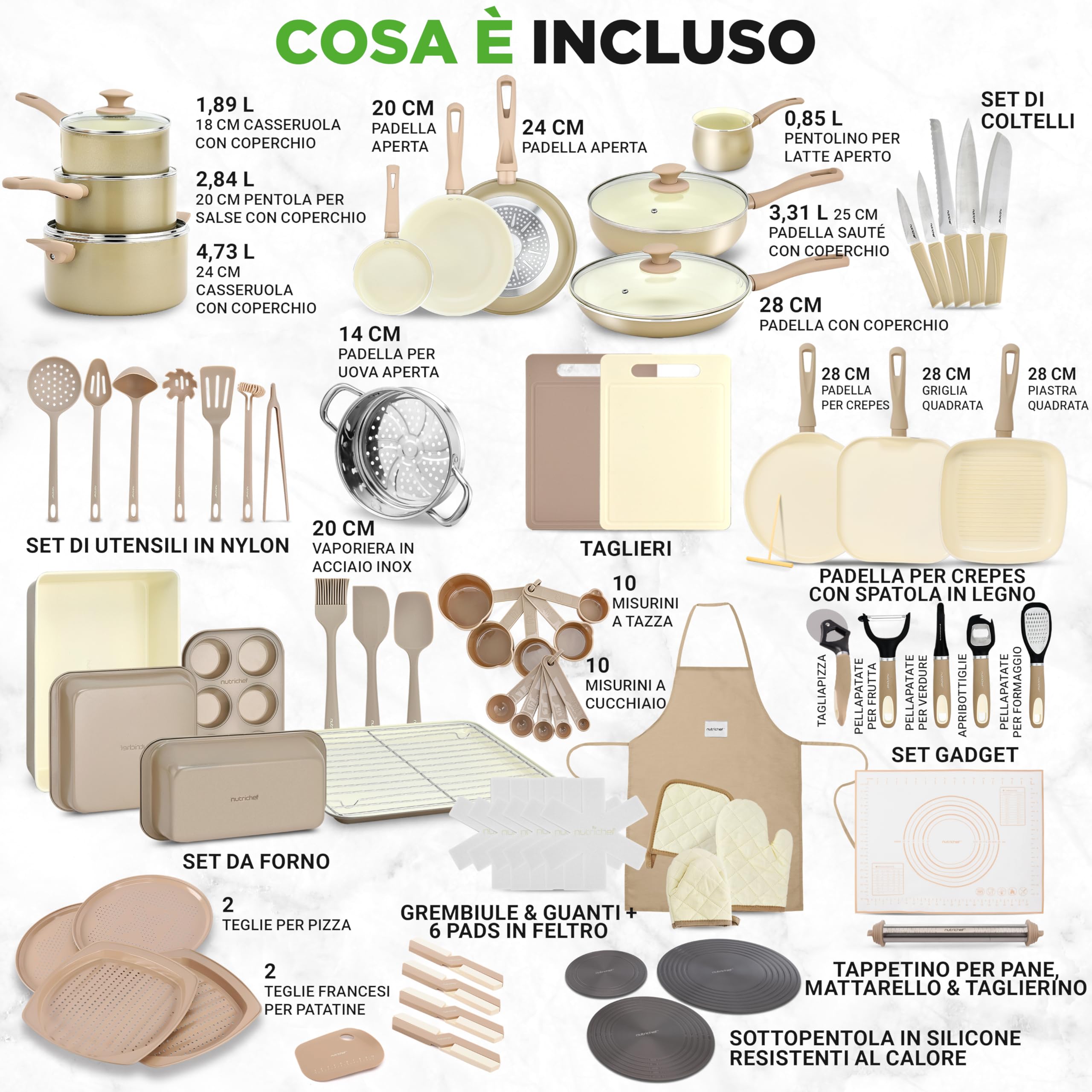 NutriChef Set 75 Pezzi con Pentole, Padelle e Teglie da Forno Antiaderenti in Ceramica, Coltelli, Utensili, Sicuro per Uso Alimentare, Crema/Marrone