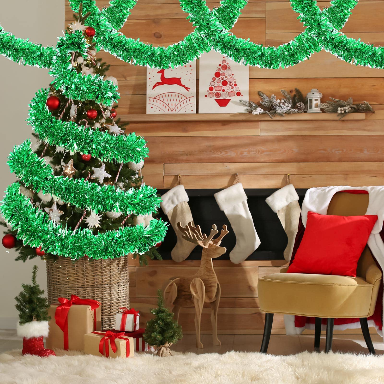 Guirlande De Noël Métallique Brillante – 22 Mètres – Vert – Pour Sapin, Cheminée, Déco De Fête