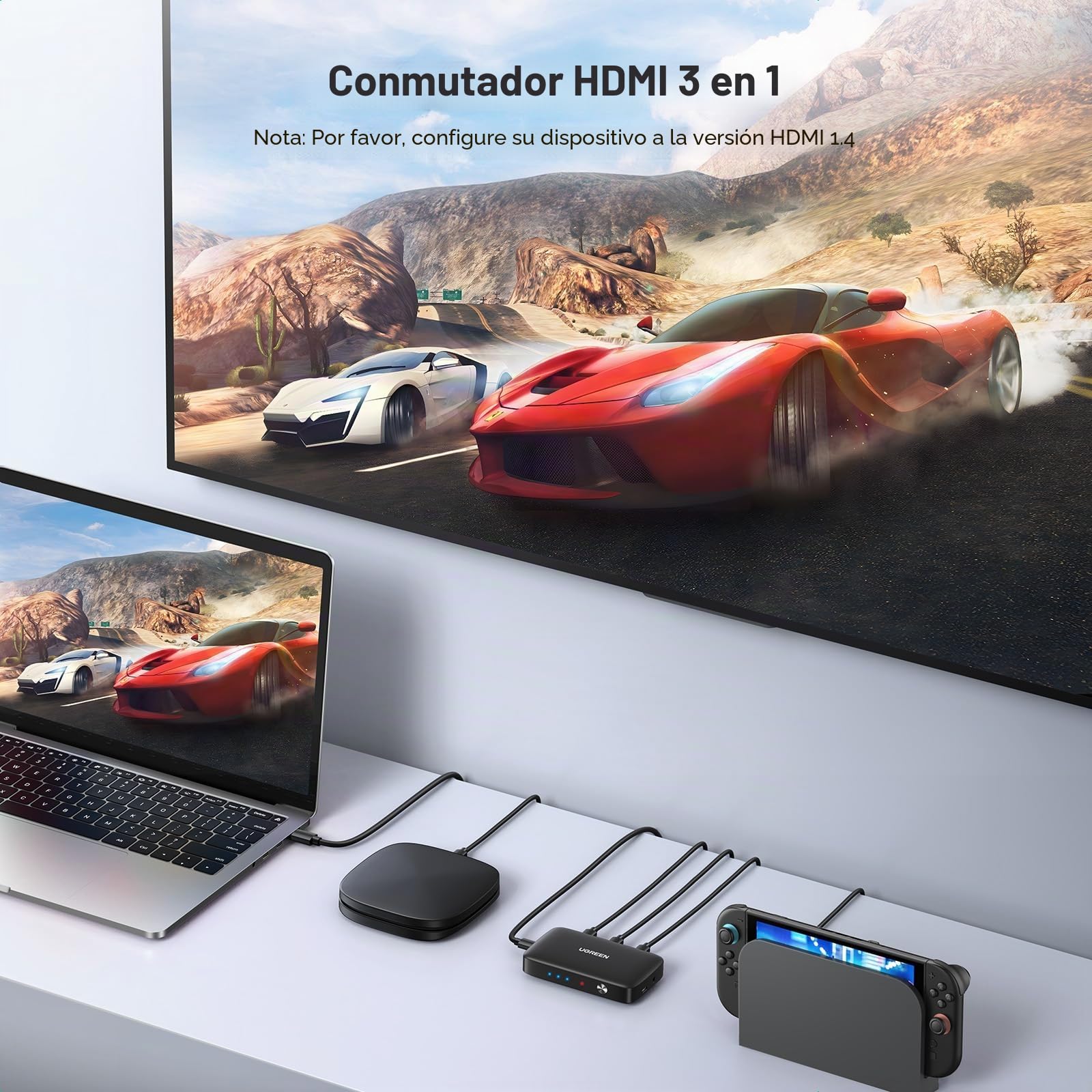UGREEN HDMI Switch 3 Entradas a 1 Salida, Conmutador 3D 4K@30Hz, Ladron con Mando a Distancia Compatible con PS4 PS5 Xbox Chromecast DVD BLU-Ray Satélite PC TV Stick Box