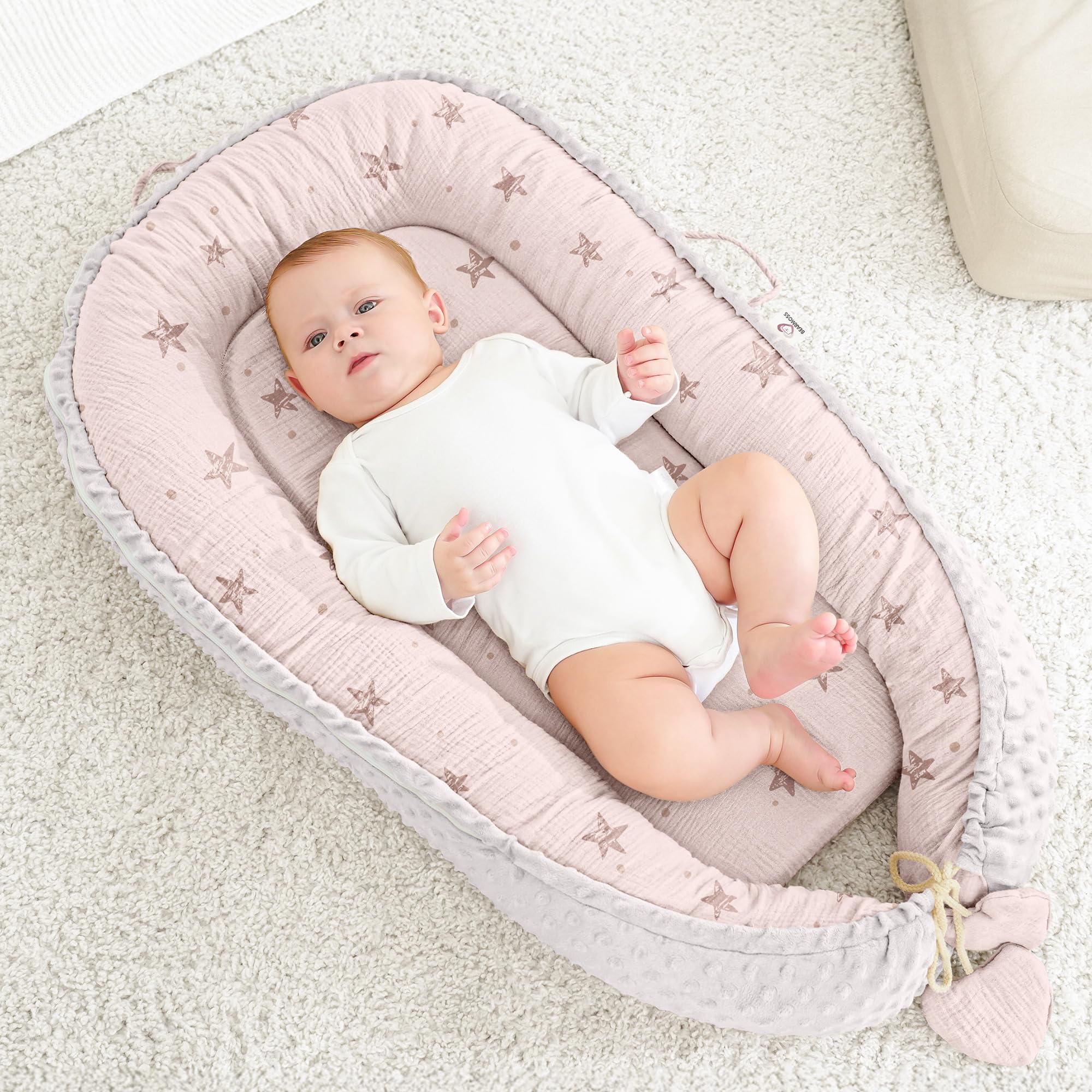 Bearmoss Baby Nido bebé recién Nacido 90x50 cm - Reductor Cuna Cuco de colecho Minky Winter cálido Capullo Ideal para moisés(Estrella Rosa)