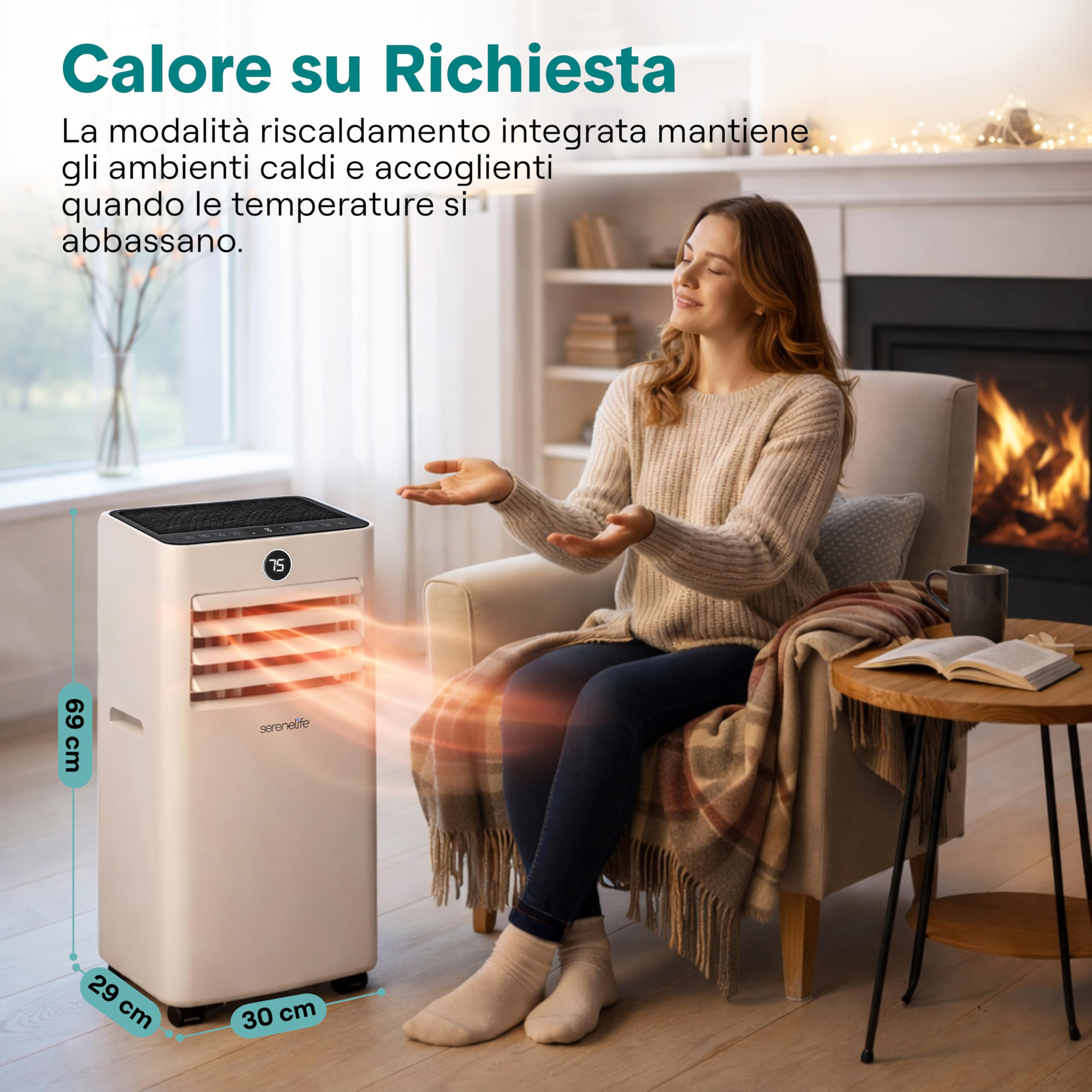 SereneLife Climatiseur Mobile 7000 BTU avec Chauffage, Jusqu'à 31 m² – Silencieux 55 dB, Déshumidificateur, Ventilateur, Télécommande et Écran LED