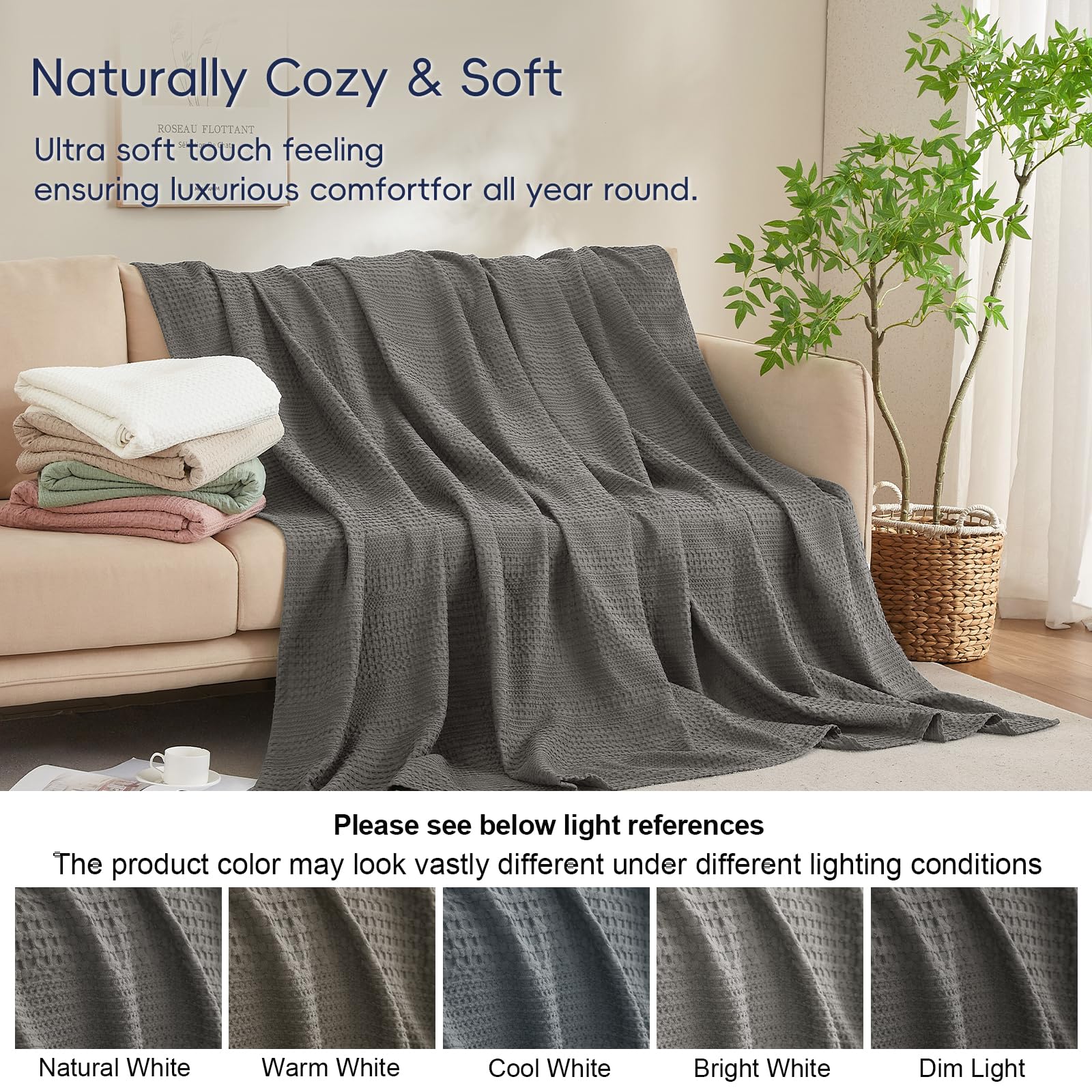 PHF 100% Cotton Waffle Weave Blanket - King Size Lightweight & Breathable Bed Blanket For All Seasons (Charcoal Grey, 108"x90")