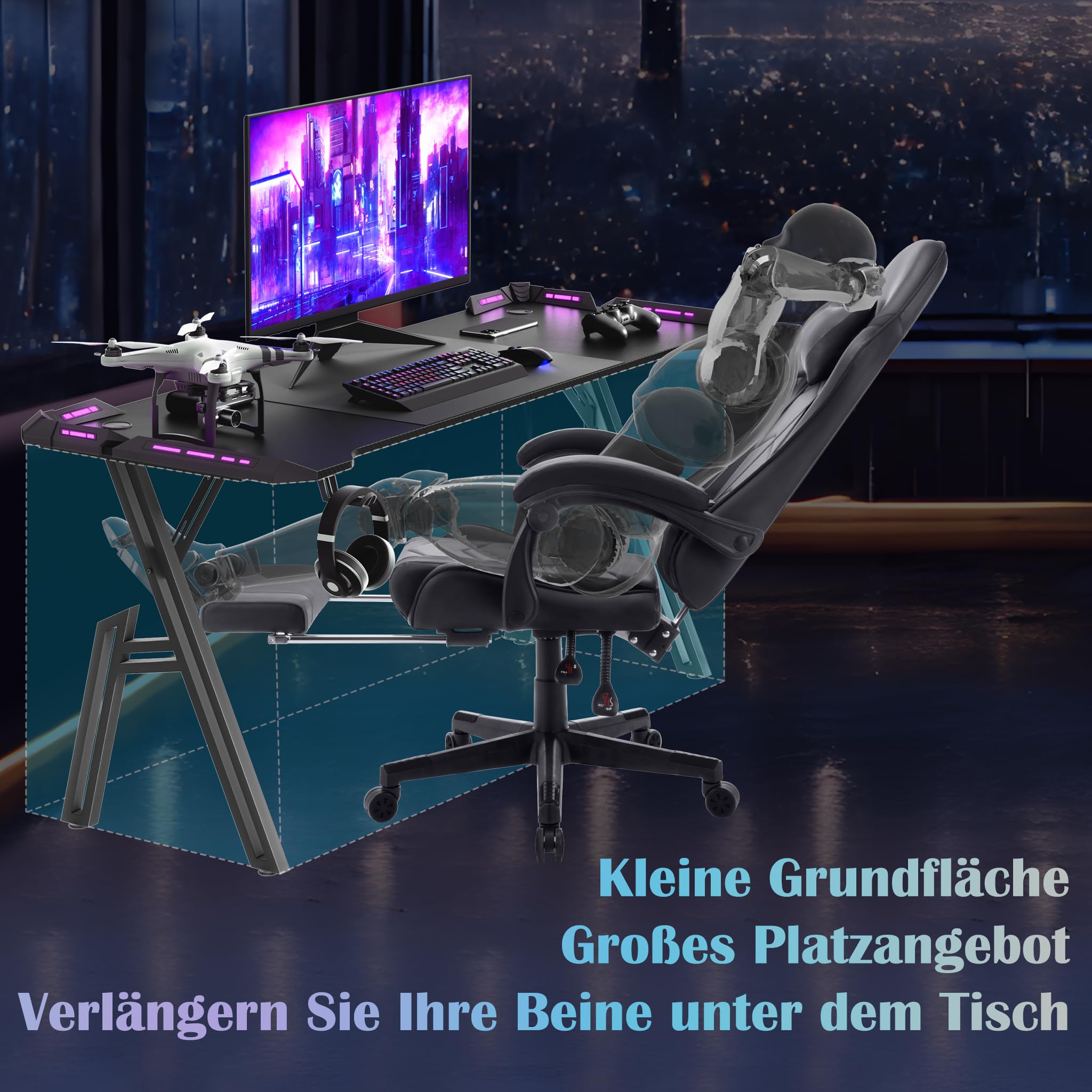 NAIZY Table de jeu 140 cm avec support pour casque et porte-gobelet, bureau en fibre de carbone pour gamer, bureau d'ordinateur ergonomique avec trou pour câble et LED