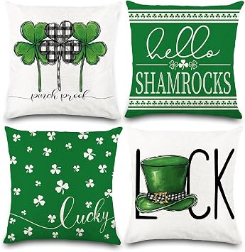 Vellibring St Patricks Day Pillow Covers 18x18 Set of 4, St Patricks Day Shamrocks Pillow Cover Buffalo Plaid Clover Lucky Hat St Patricks Decorative Throw Pillows Farmhouse Decor for Home