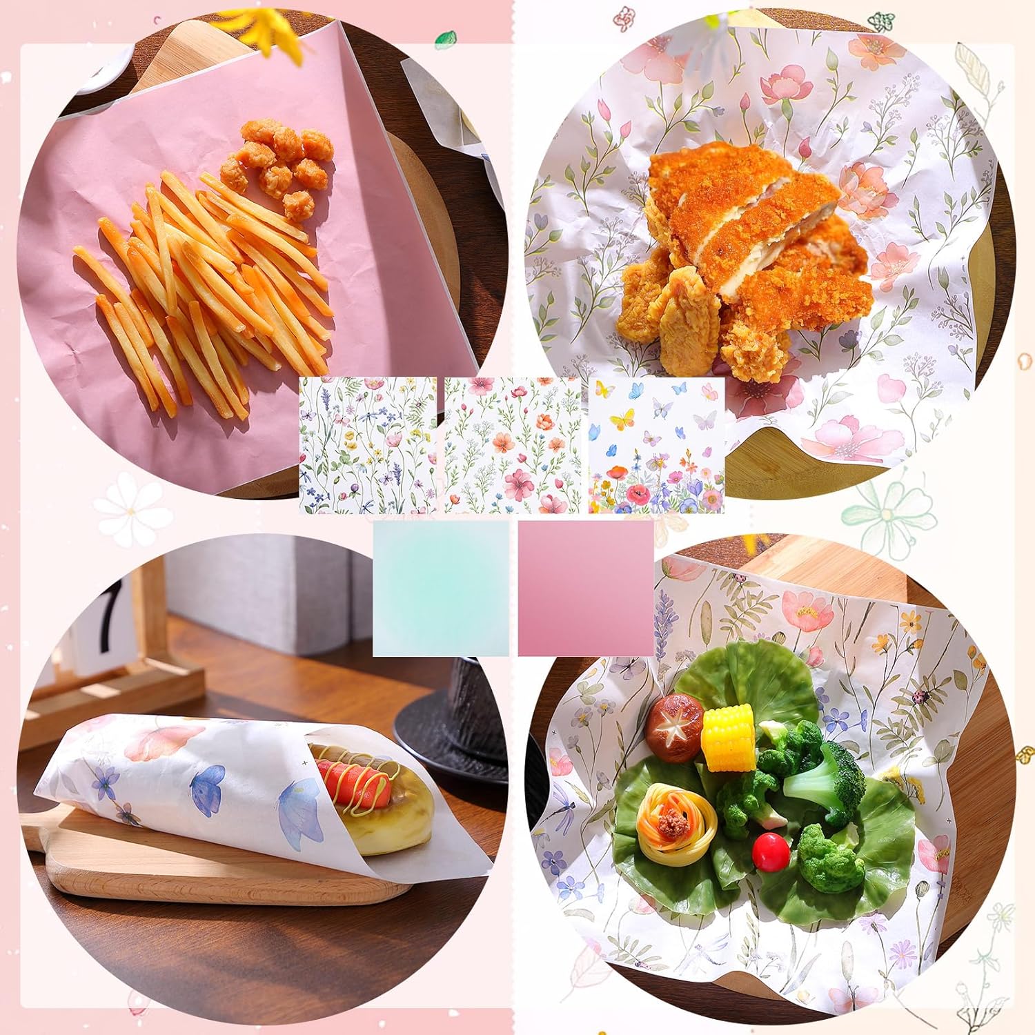 Havawish 400 Sheets Wax Paper 12x12 Inch Dry Waxed Deli Paper for Wrapping Greaseproof Sandwich Wrap Food Basket Parchment Papers for Picnic Bakery Kitchen Party Supplies(Cute Color,Flower)