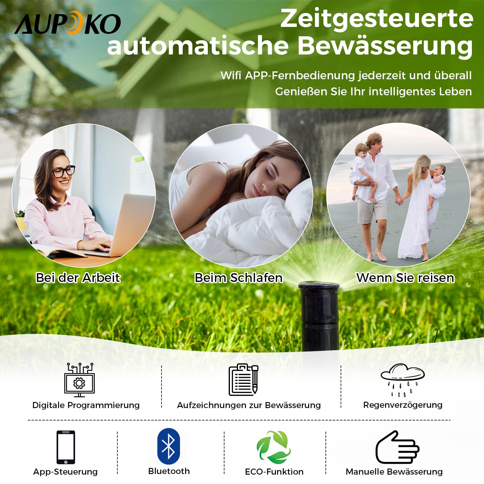 Aupoko Smart Bewässerungsuhr mit Bluetooth & App Steuerung – Bewässerungscomputer mit IP55 Schutz, 2 Bewässerungsmodi, Regenverzögerung für Garten, Landwirtschaft & öffentliche Grünflächen