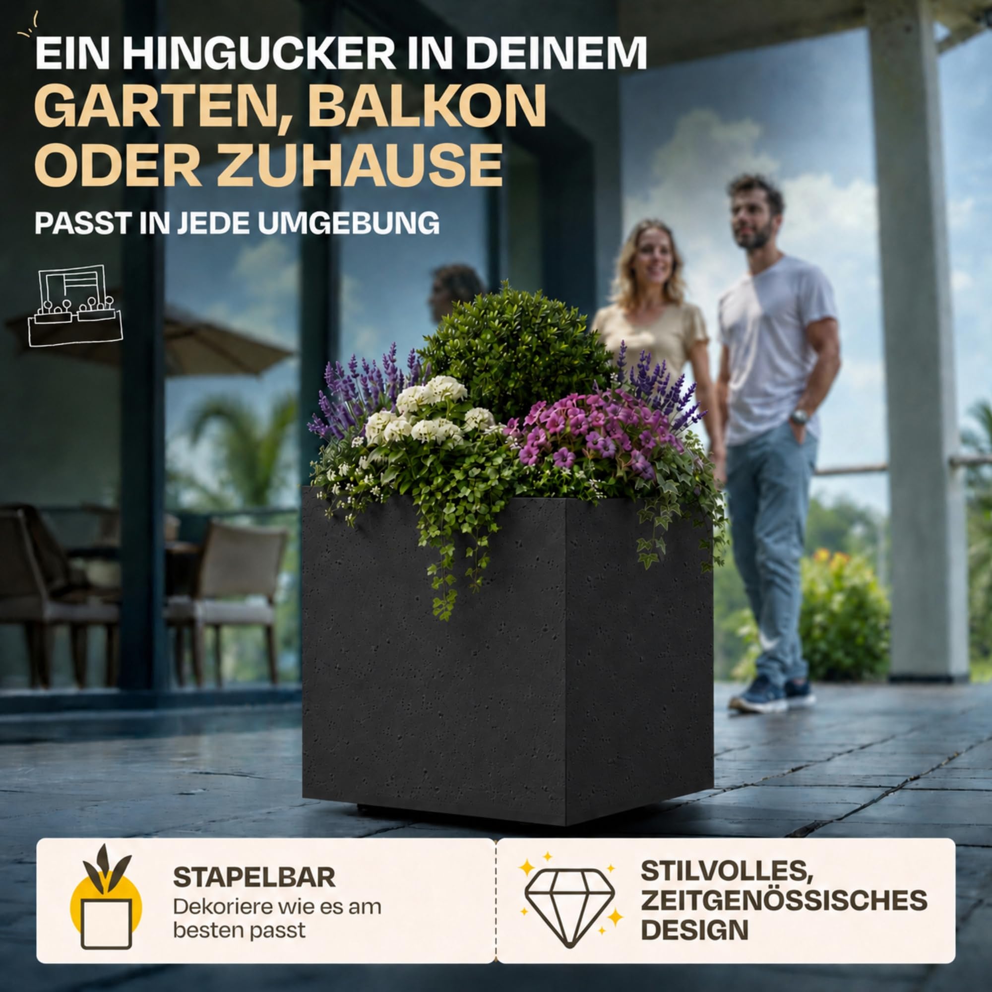 Ondis24 Pflanzkübel Blumenkübel Blumentopf Basalt 40 mit Wasserspeicher Winterfest (Anthrazit Basalt)