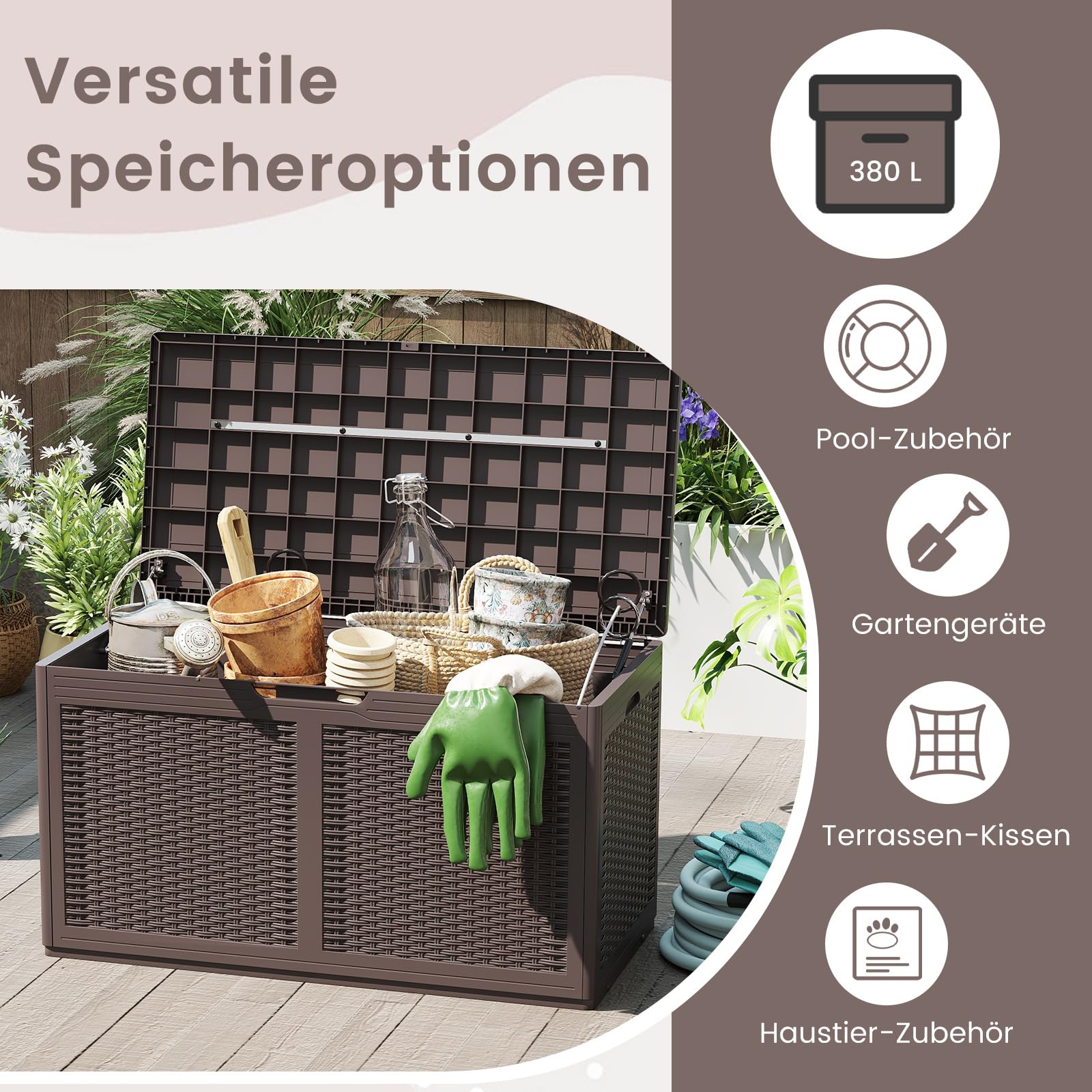 COSTWAY 380 L Gartenbox mit Rollen, Auflagenbox wasserdicht inkl. Deckel, Aufbewahrungsbox Gartentruhe mit Rattanstruktur für Poolzubehör, Gartengeräte & Balkon (Braun)