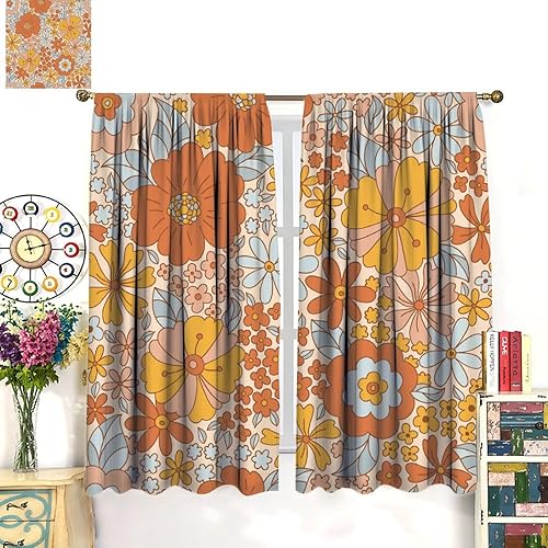 Miniatura 8 de Cortinas florales retro de los años 70, hippie, de verano, con diseño de flores, bohemias, opacas, para dormitorio, sala de estar, cocina,