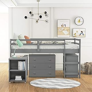 Harper & Bright Designs Kids Low Study Twin Loft Bed, Wood Loft Bed Frame with Cabinet and Rolling Portable Desk for Bedroom and Dormitory (Grey)