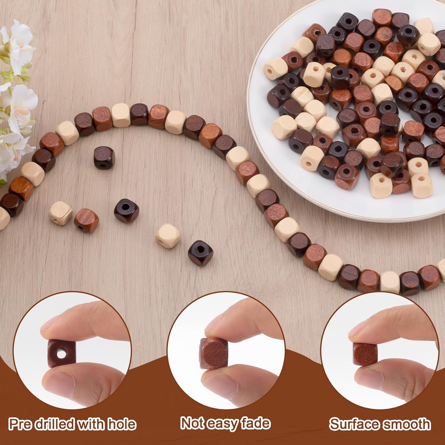150pcs 10mm Wooden Beads for Crafts, Large Hole Natural Square Wood Hair Bead, Vintage Wooden Spacer Accessories for Macrame Necklace Bracelet DIY Decor- Dark Coffee & Beige & Light Coffee - Image 3