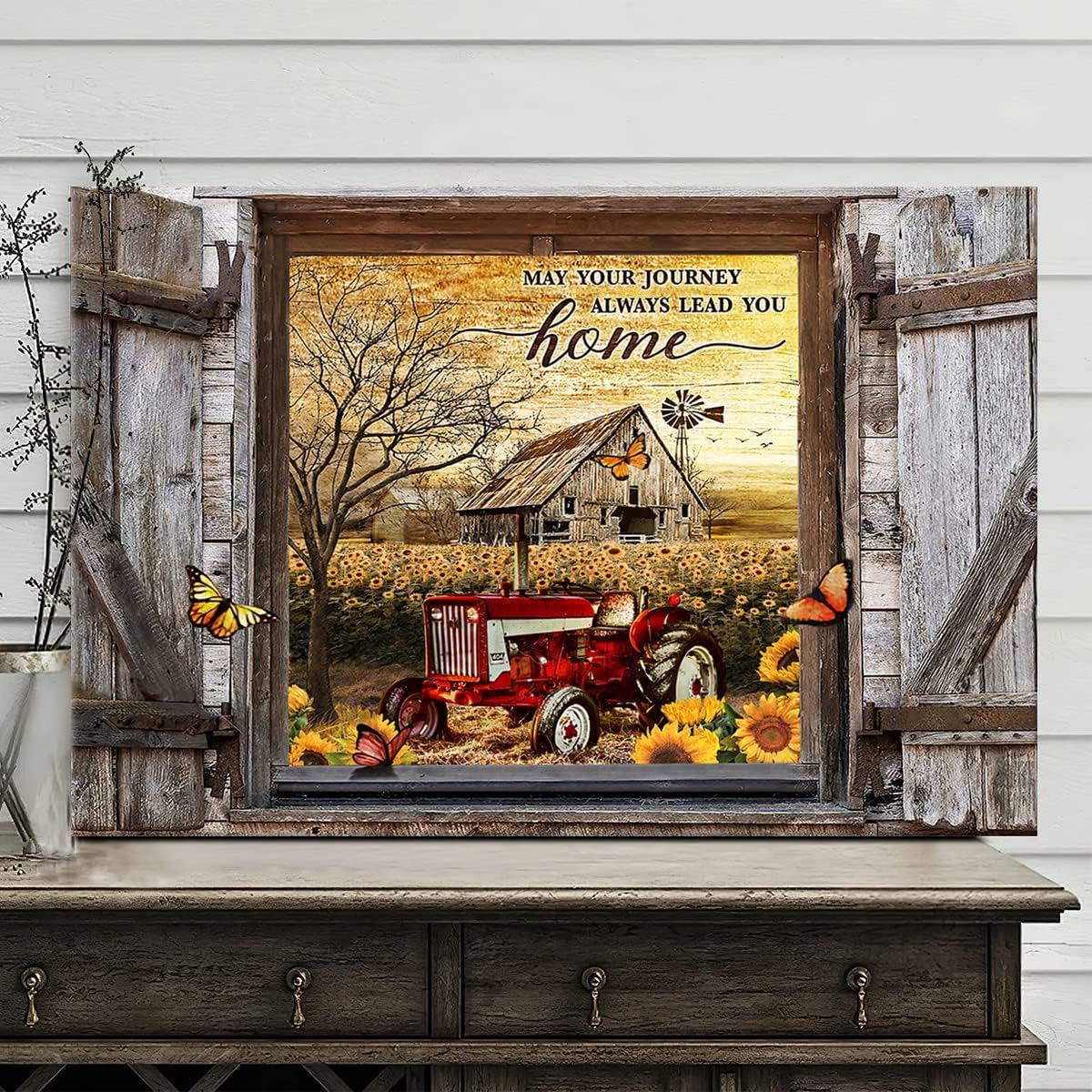 Farmhouse Canvas Wall Art Red Old Tractor Picture Kitchen Wall Decor Rustic Sunflowers Country Painting for Bedroom Bathroom Living Room Prints Artwork Framed 12"x16"