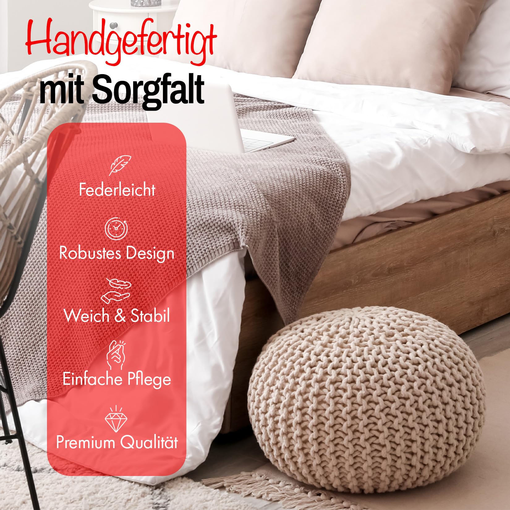 handgefertigter Strickhocker Ø 55cm o. Ø 45cm I Sitzpouf Sitzpuff Bodenkissen Sessel Kissen Sitzhocker Sitzsack - mit eleganter Grobstrick-Optik - Dekoration Interieur (Taupe, Ø 55cm)