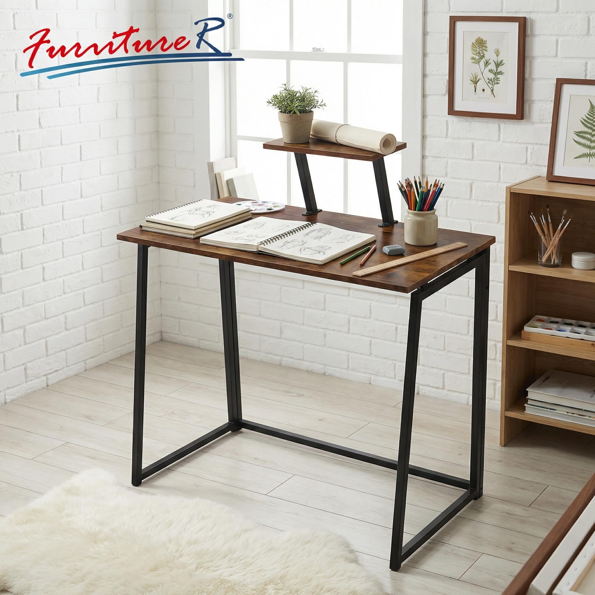 FurnitureR Kompakter Office & Drawing Table 80 × 40 cm, mit Metallrahmen & MDF-Holzplatte，Platzsparender Klapp-Arbeitstisch für Studenten, WG & Kleine Wohnungen, Stabiler Metallrahmen, In Vintage