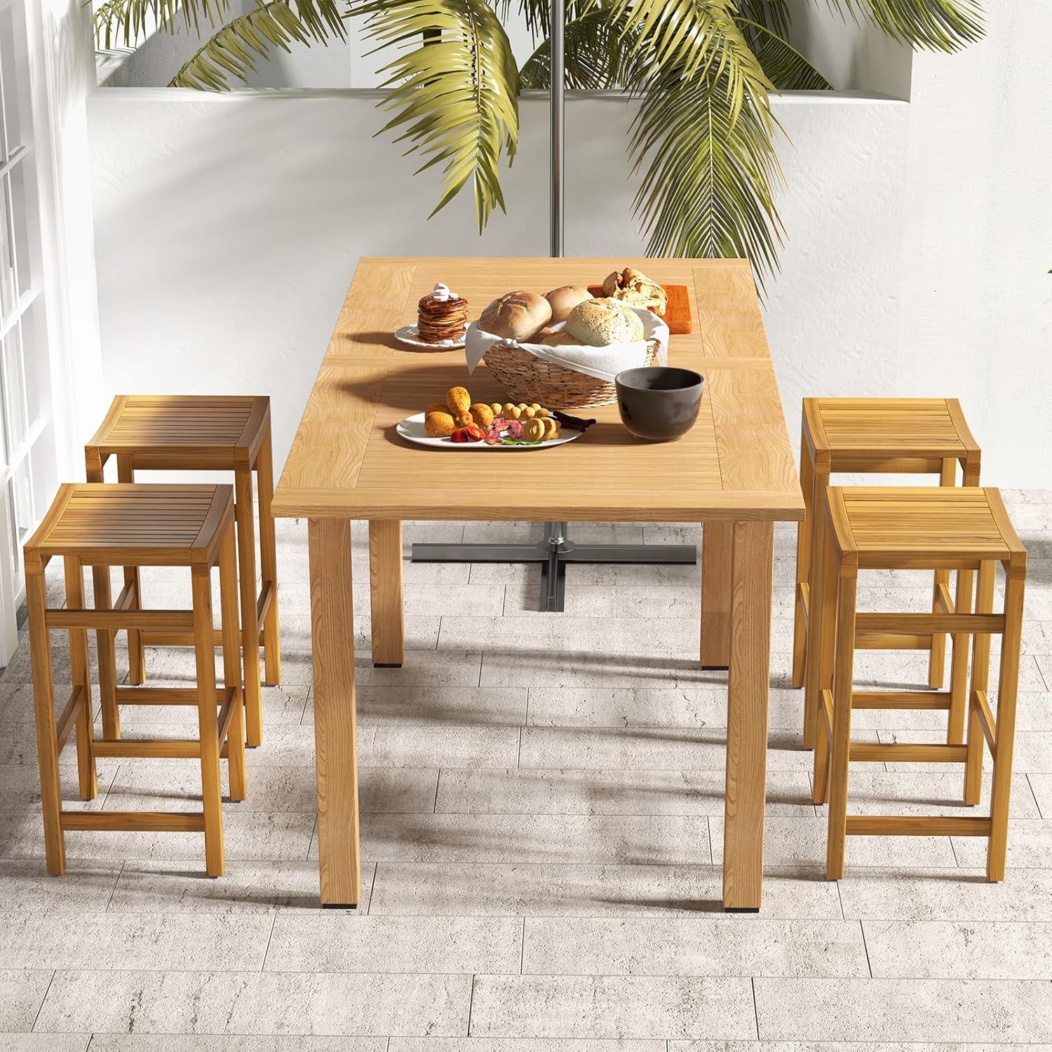 HAPPYGRILL Outdoor Wood Bar Stools Set of 2, Patio Bar Stools with Ergonomic Seat & Comfortable Footrest, Acacia Wood Bar Stools, 30-Inch Bar Height Stools for Garden Deck Balcony Poolside