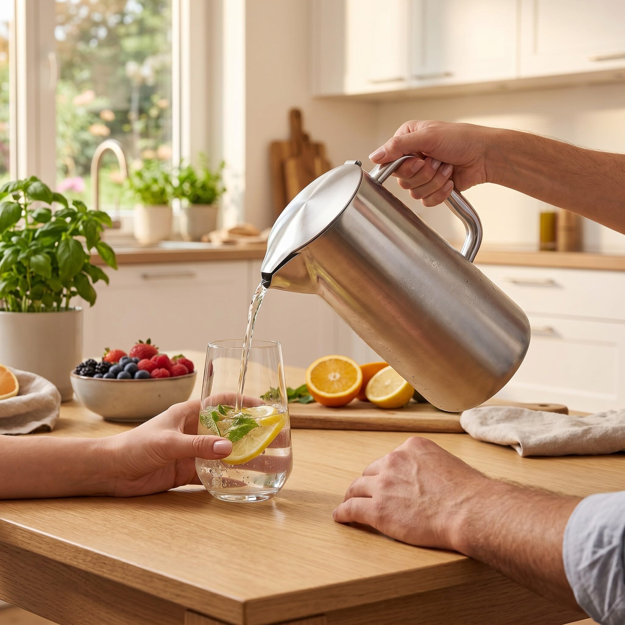 Jarra de Acero Inoxidable con Tapa 2 Litros Asa Ergonómica para Agua Fría e Infusiones Ideal para Jugos y Bebidas Frías