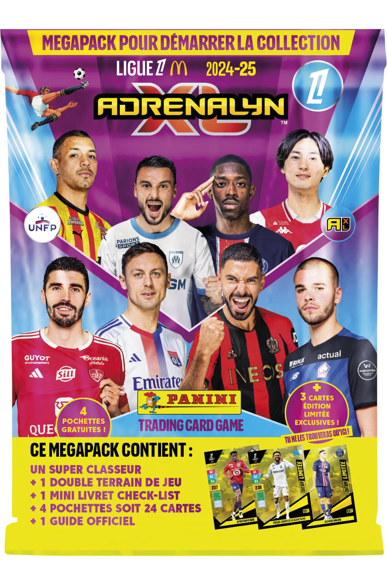 004843SPAFGD ADRENALYN Ligue 1 McDonald's 2024-2025 Trading Cards Game Starter Pack (1 Folder + 4 Sleeves + 3 Cards Limited Edition + Checklist + Gameboard + Official Guide)
