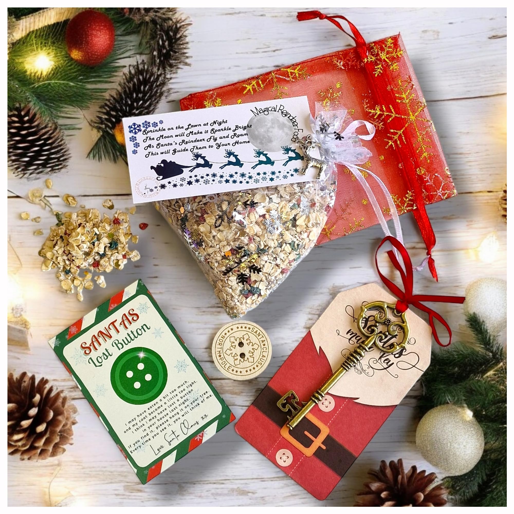 Santa's Magic Key & Magical Reindeer Food Bag Set- Father Christmas Eve Box Filler -Biodegradable Glitter Dust & Oats - Kids No Chimney Craft Activity Xmas Tradition Handmade