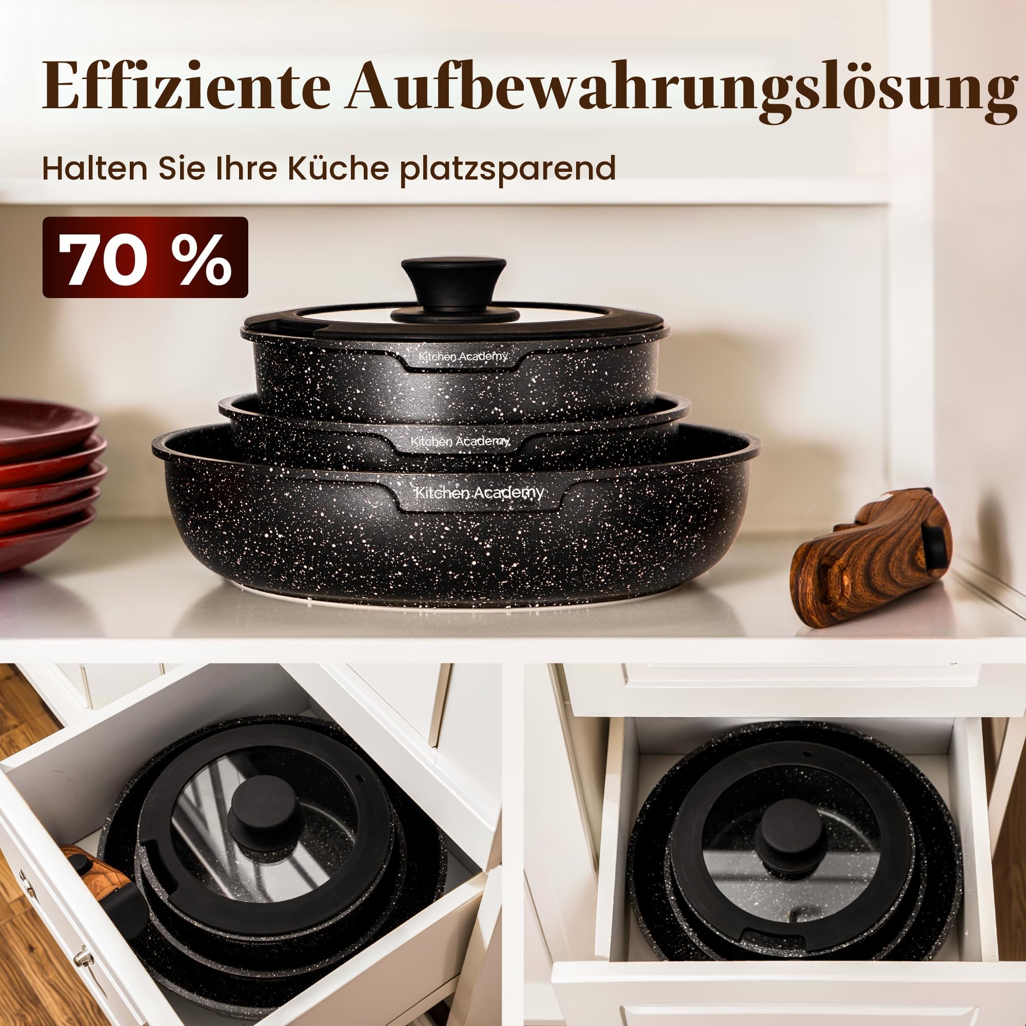 Kitchen Academy Pfannenset Abnehmbarer Griff - 10 Teilig Induktion Töpfe Set für alle Herdarten, Pfanne 20/25cm, Topf 18 cm