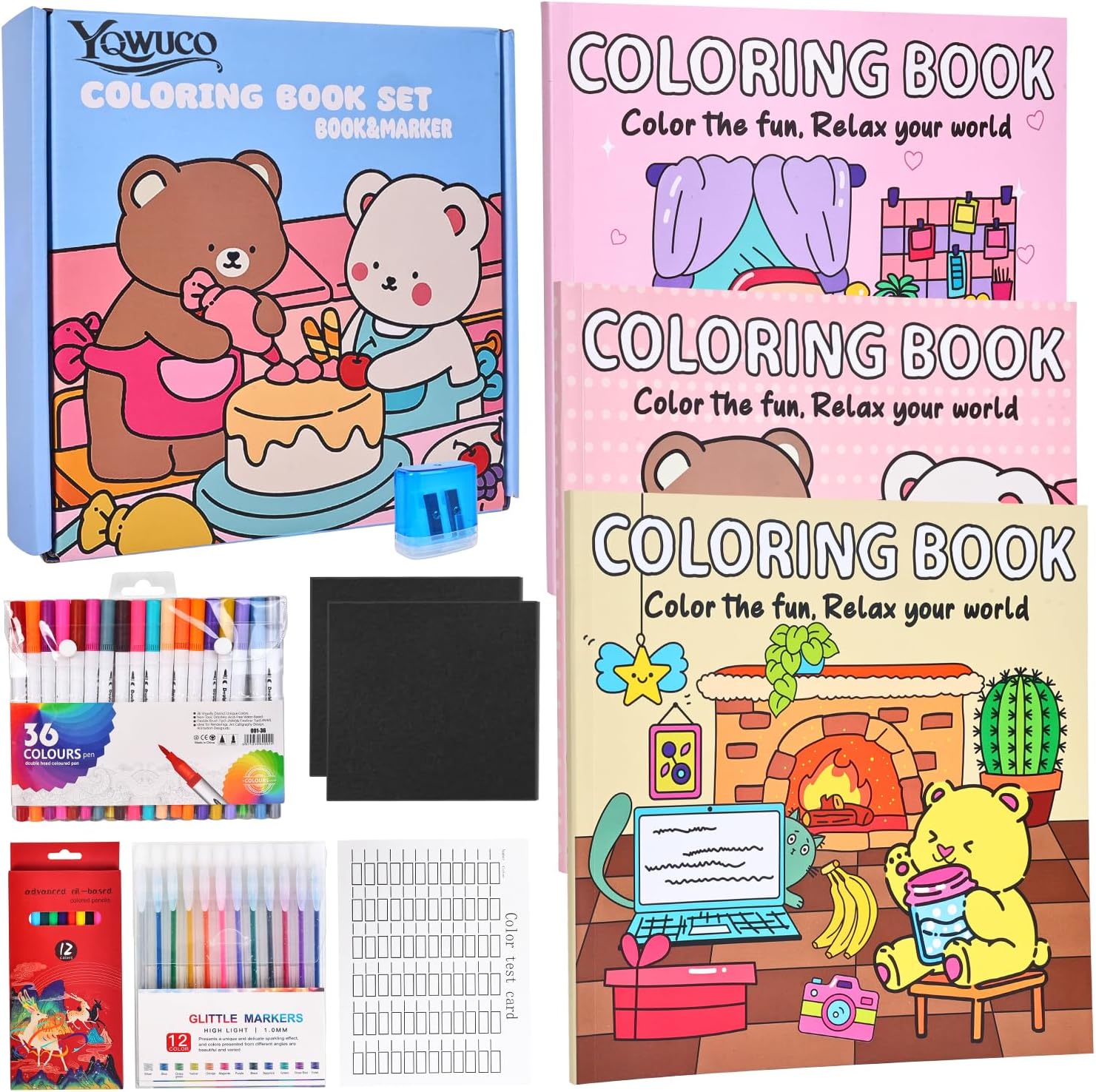 Coloring Book Set for Adults,3 PacK Easy and Simple Designs Coloring Set,Stress Relief Gifts with 36 Colors Markers &12 Pcs Glitter Markers &12 pcs Colored Pencils for adults Relaxation