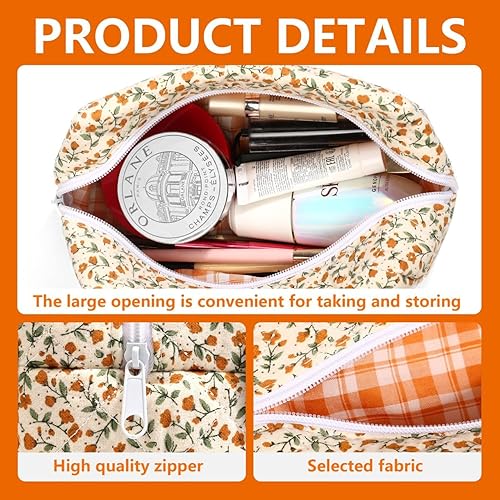 Miniatura 8 de LYSANDE Bolsa de maquillaje acolchada floral Puffy, Neceser Tote, Cosméticos Bolsa, Bolso de cosméticos floral, 2 flores rojas, Bolsa de maquillaje