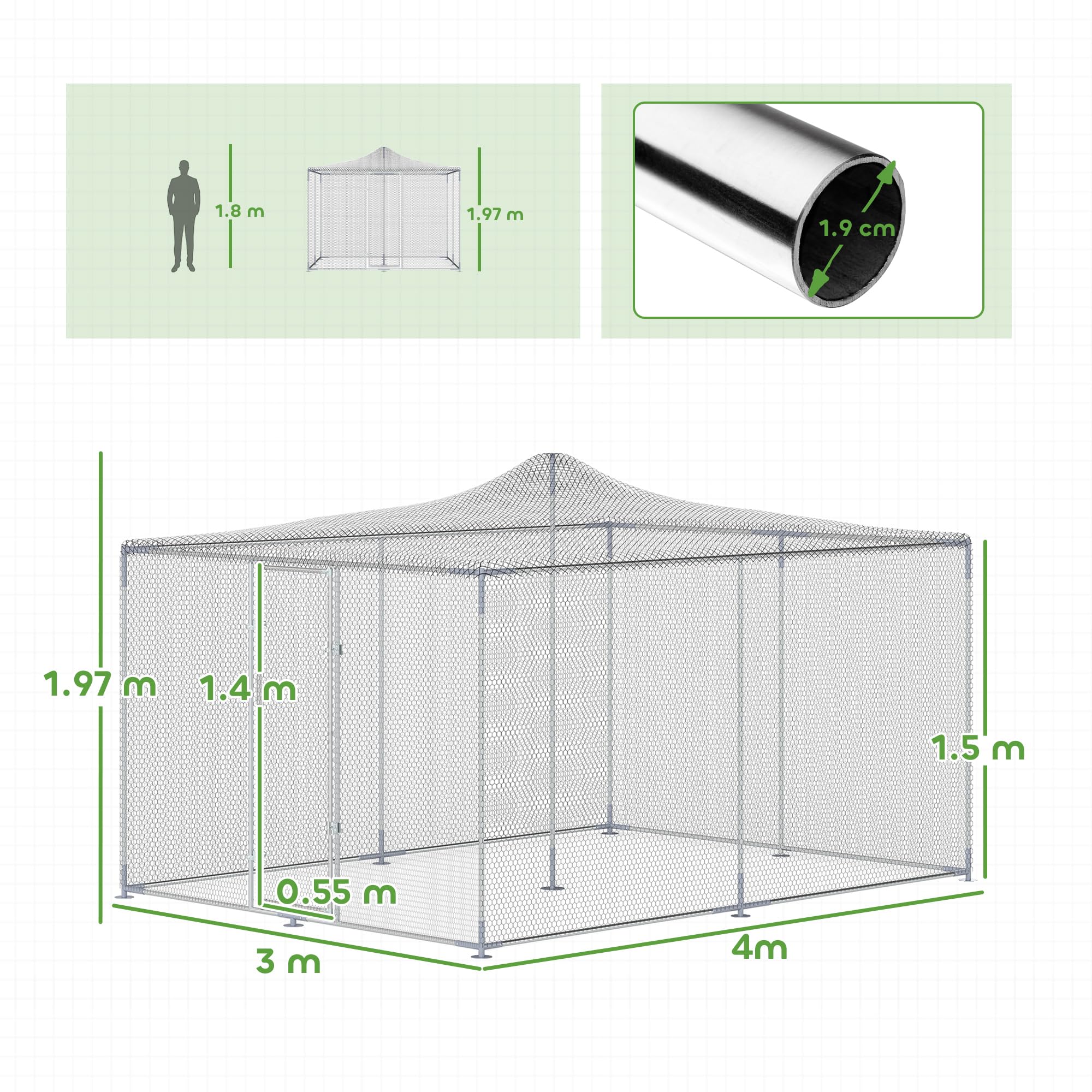 PawHut Pollaio per Galline da Esterno, 4x3x2 m 12m² Grande Recinto per 12-18 Galline in Acciaio Zincato con Porta e Doppi Serratura, Resistente, Gabbia per Polli, Piccoli Animali, Conigli, Anatre, Oca